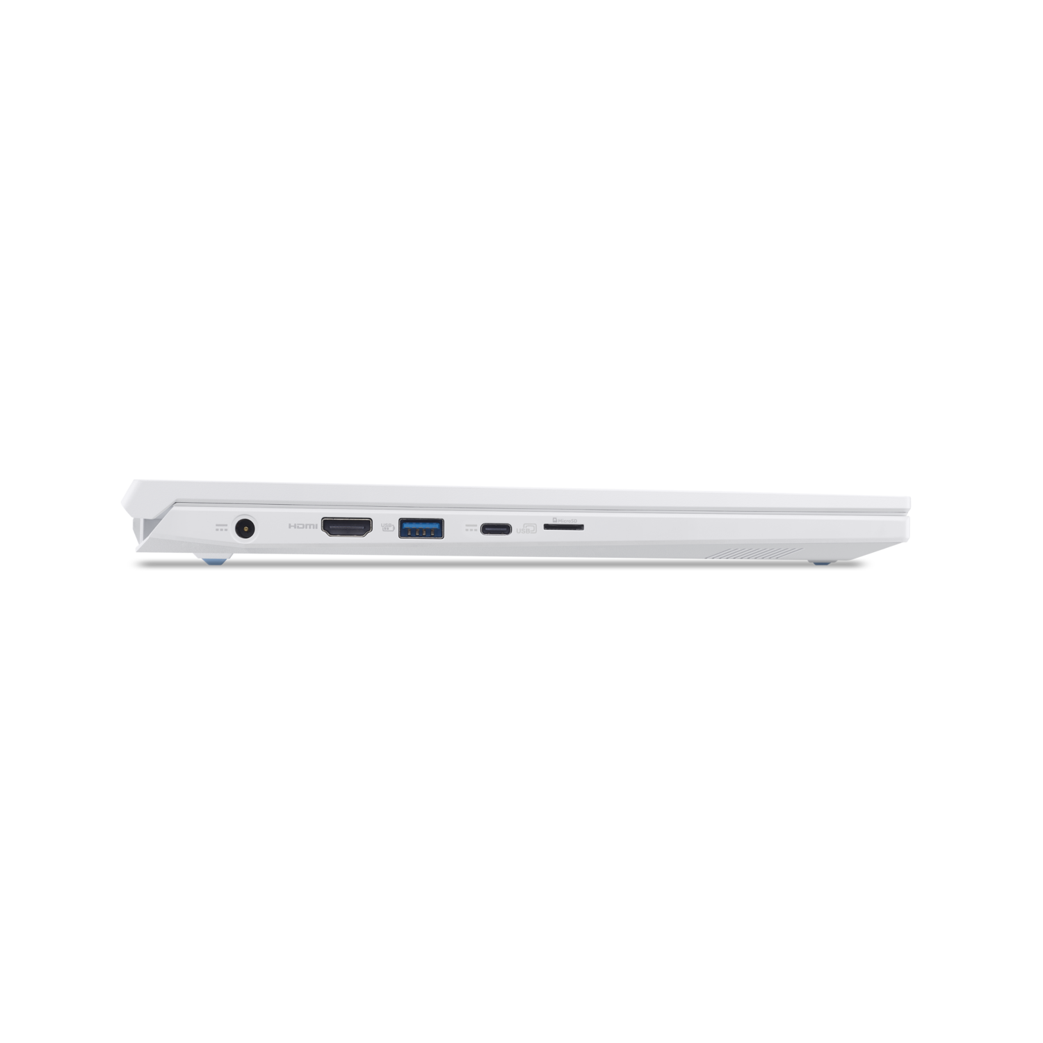 Side view of a white laptop, showing ports: power, HDMI, USB, and SD card slot. Black background.