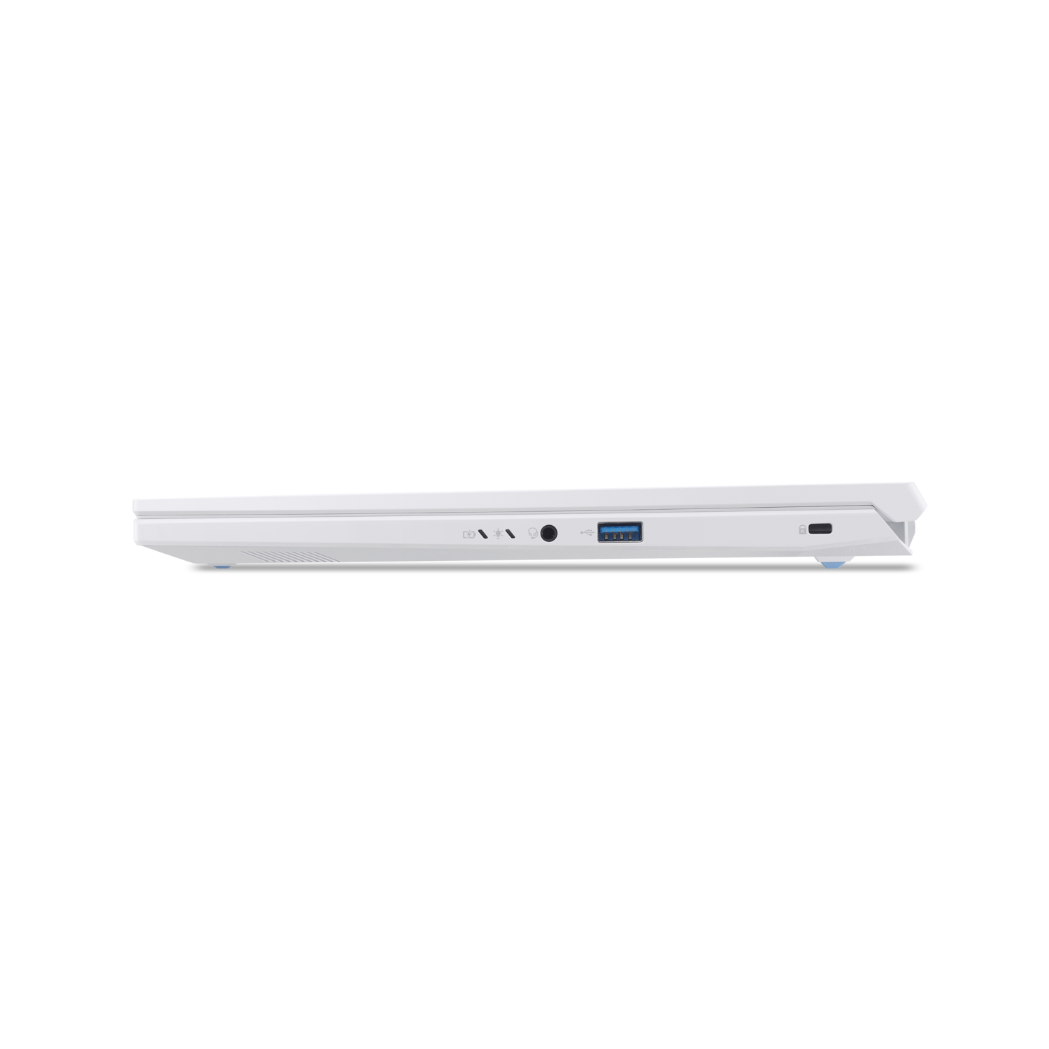 A side view of a white laptop against a black background. Visible ports include USB, headphone jack, and power input.