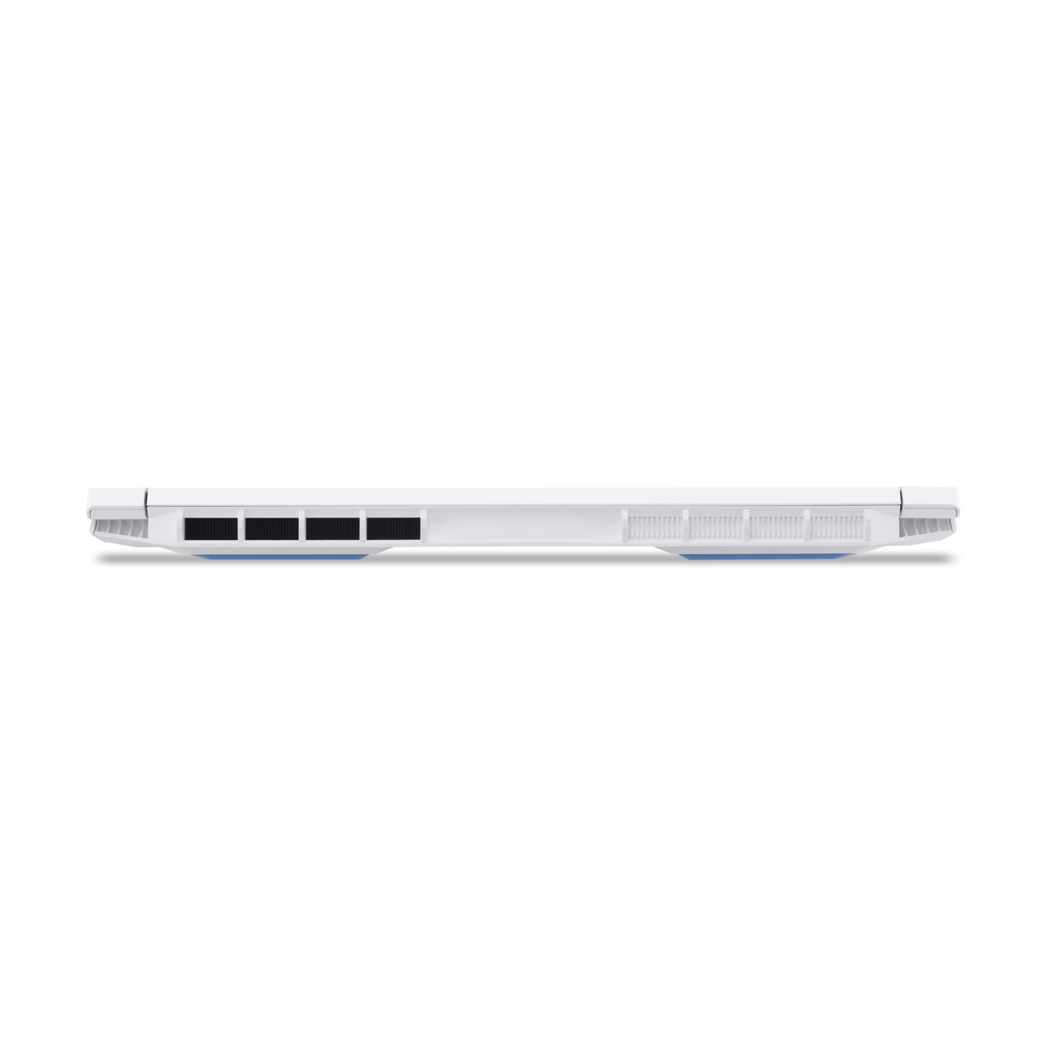 A white laptop, top view, against a black background. It has vents and a blue strip on the back edge.