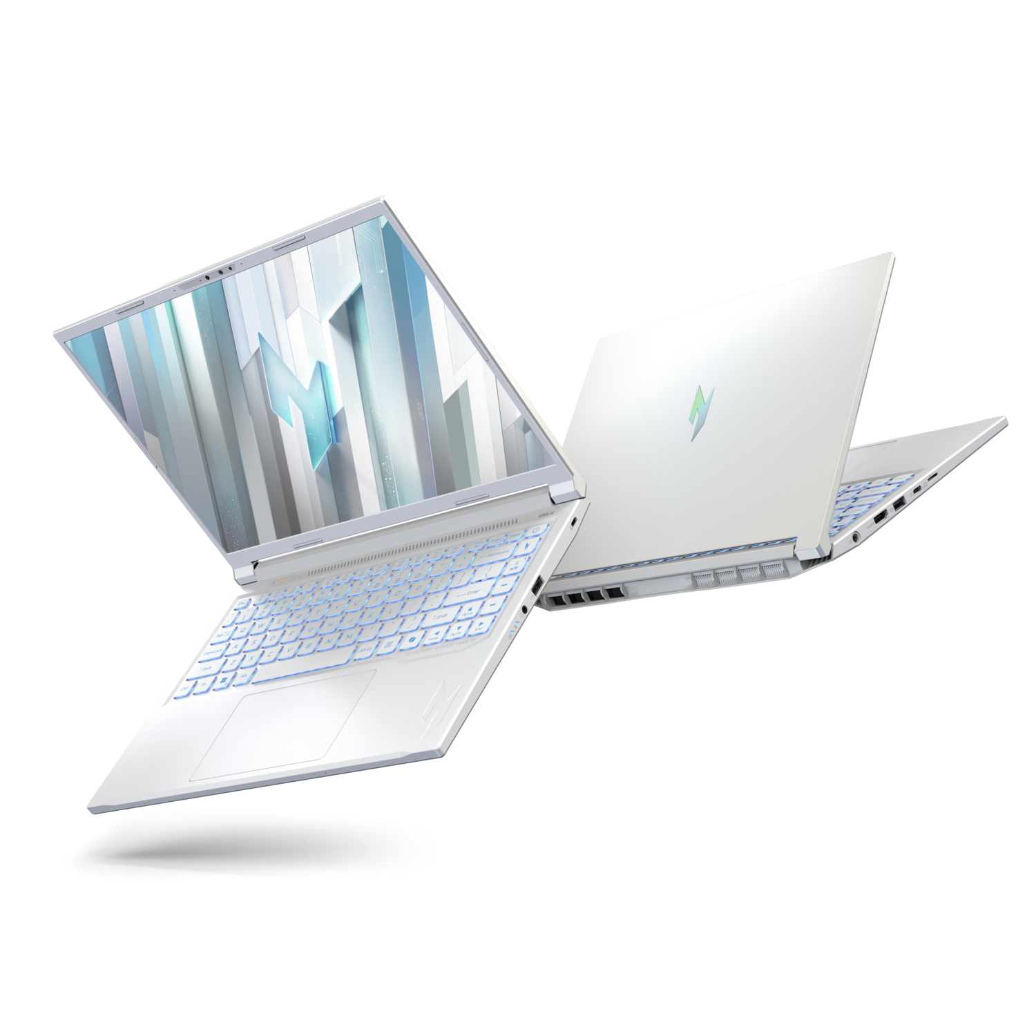 Two white laptops with blue backlit keyboards and a geometric design on the screens are floating against a white background.