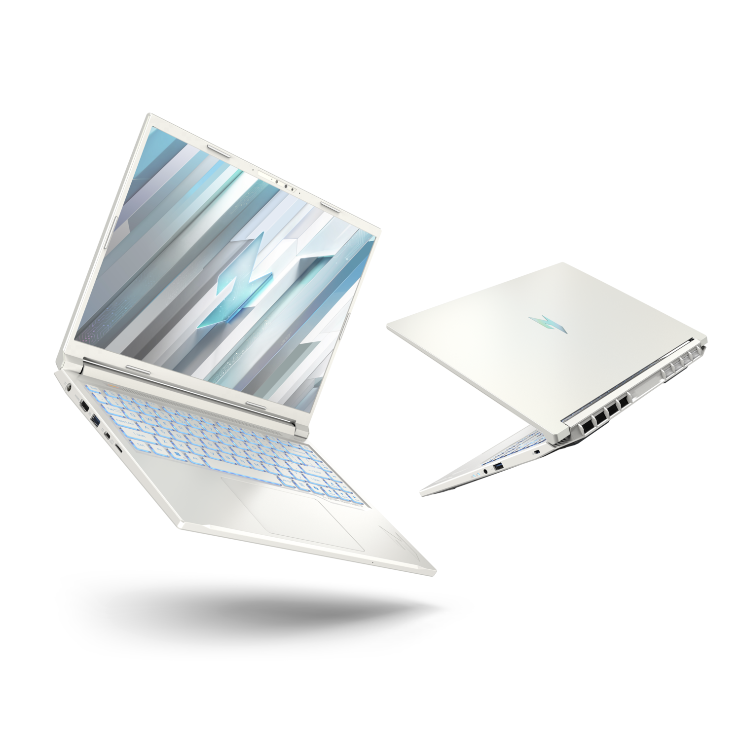 Two white laptops are displayed. One is open, showing a blue and white screen. The other is closed, with a logo on the lid.