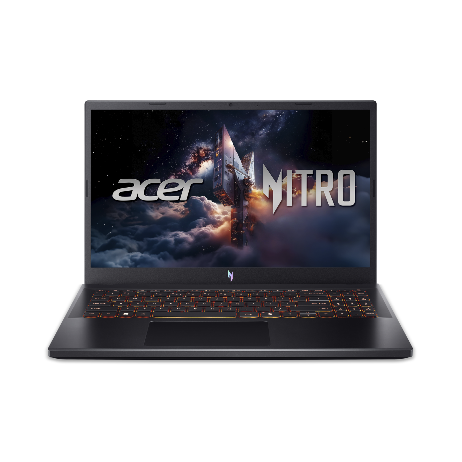 An Acer Nitro laptop on black background. The screen shows a space scene with 'Acer Nitro' in white. The keyboard has orange backlighting.
