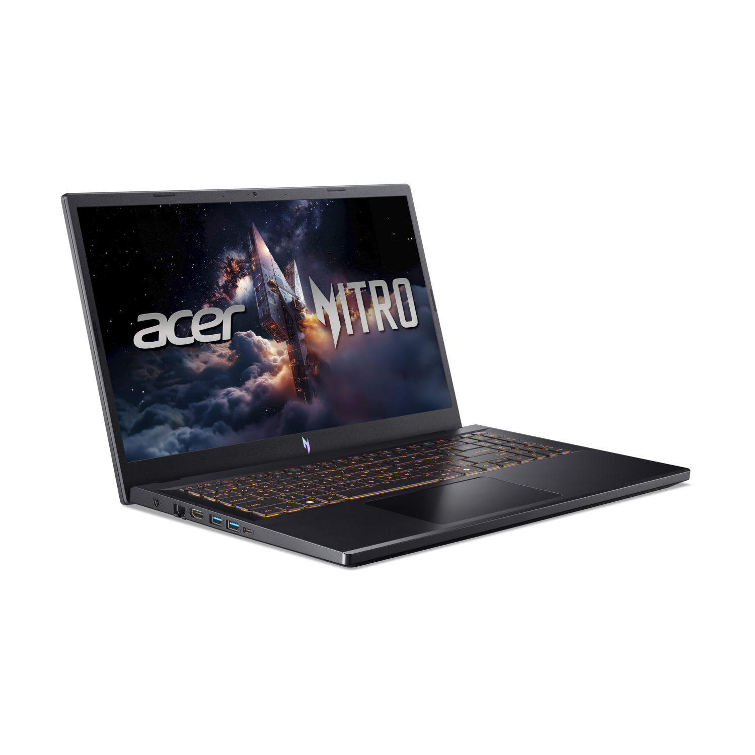 A black Acer Nitro laptop, open, displaying a space scene with a rocket. The keyboard is lit orange, on a black background.