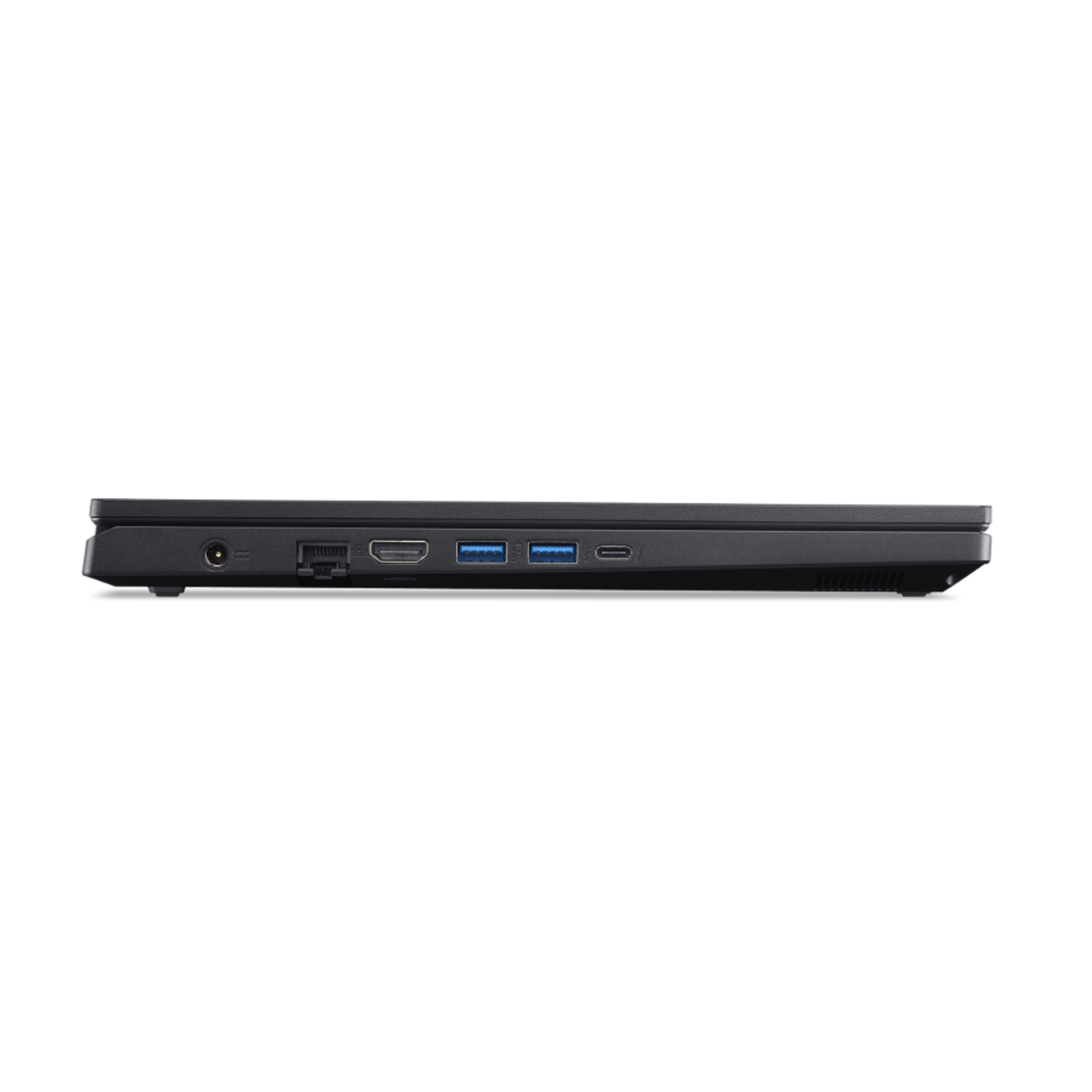 Side view of a black laptop showing ports, including power, HDMI, and USB. The background is solid black.