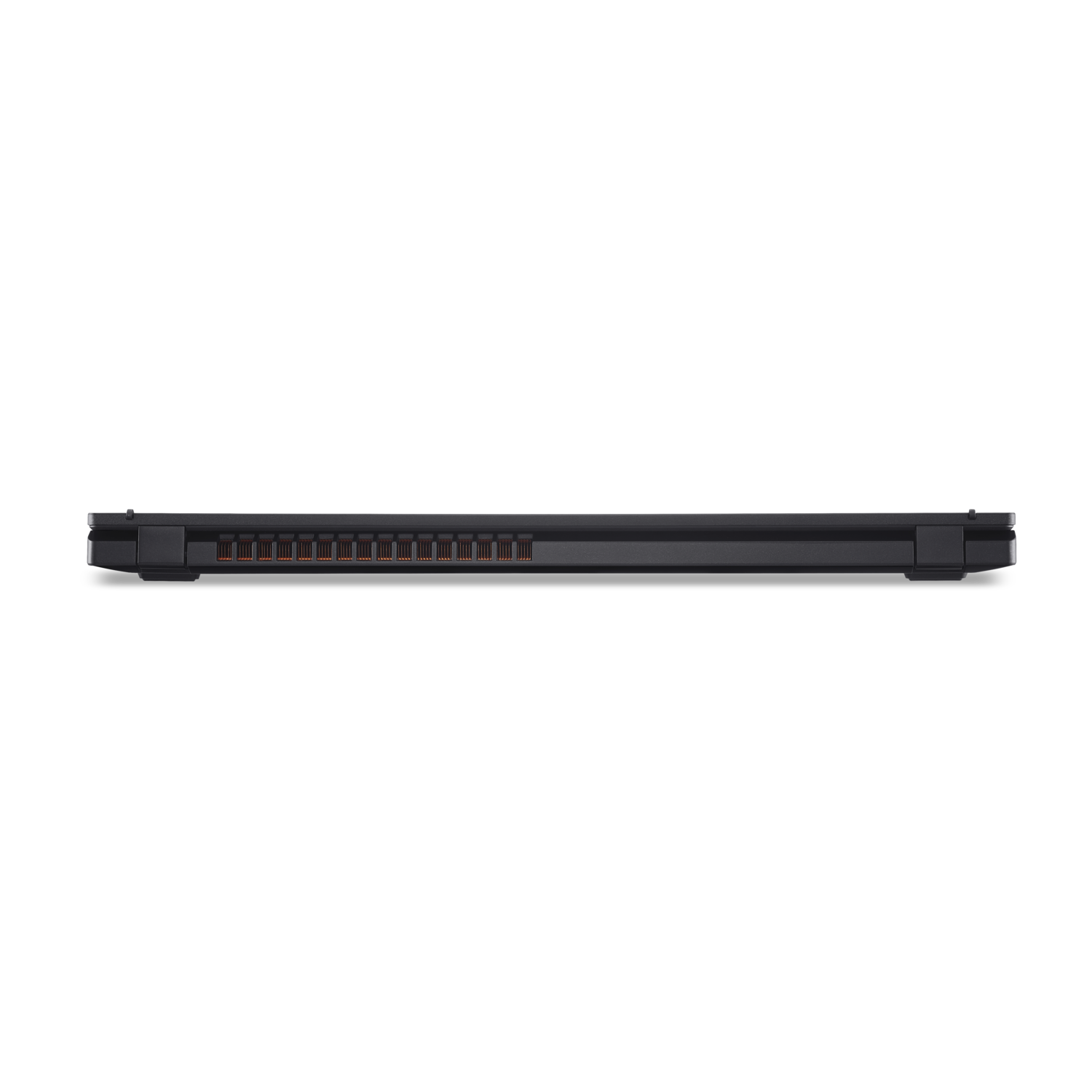 A black laptop, seen from the side, resting on a black background. The vents have a red-orange color.