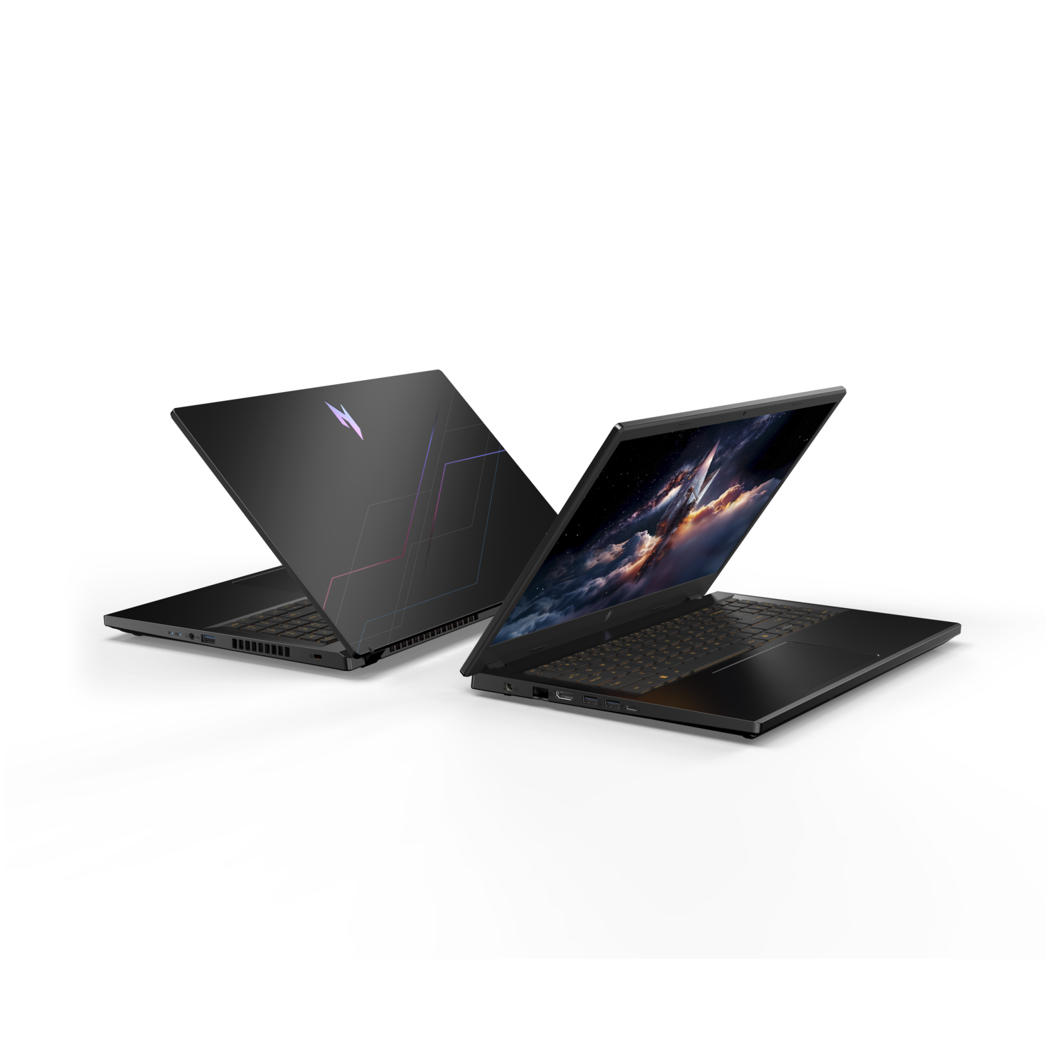 Two black laptops are displayed against a white background. One is open, displaying a starry sky. The other is closed, showing a logo.