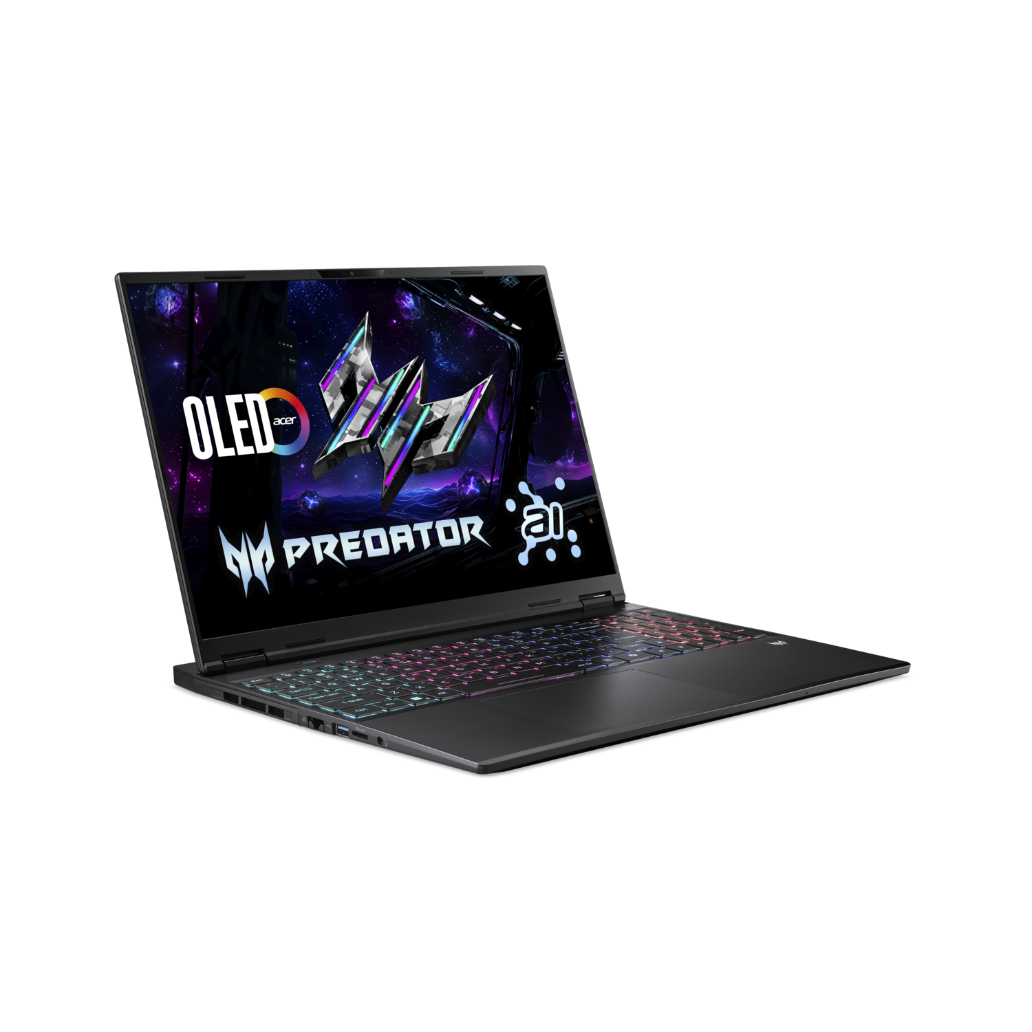 A black Predator laptop is open, displaying a colorful screen. The keyboard has backlit keys. The background is black.