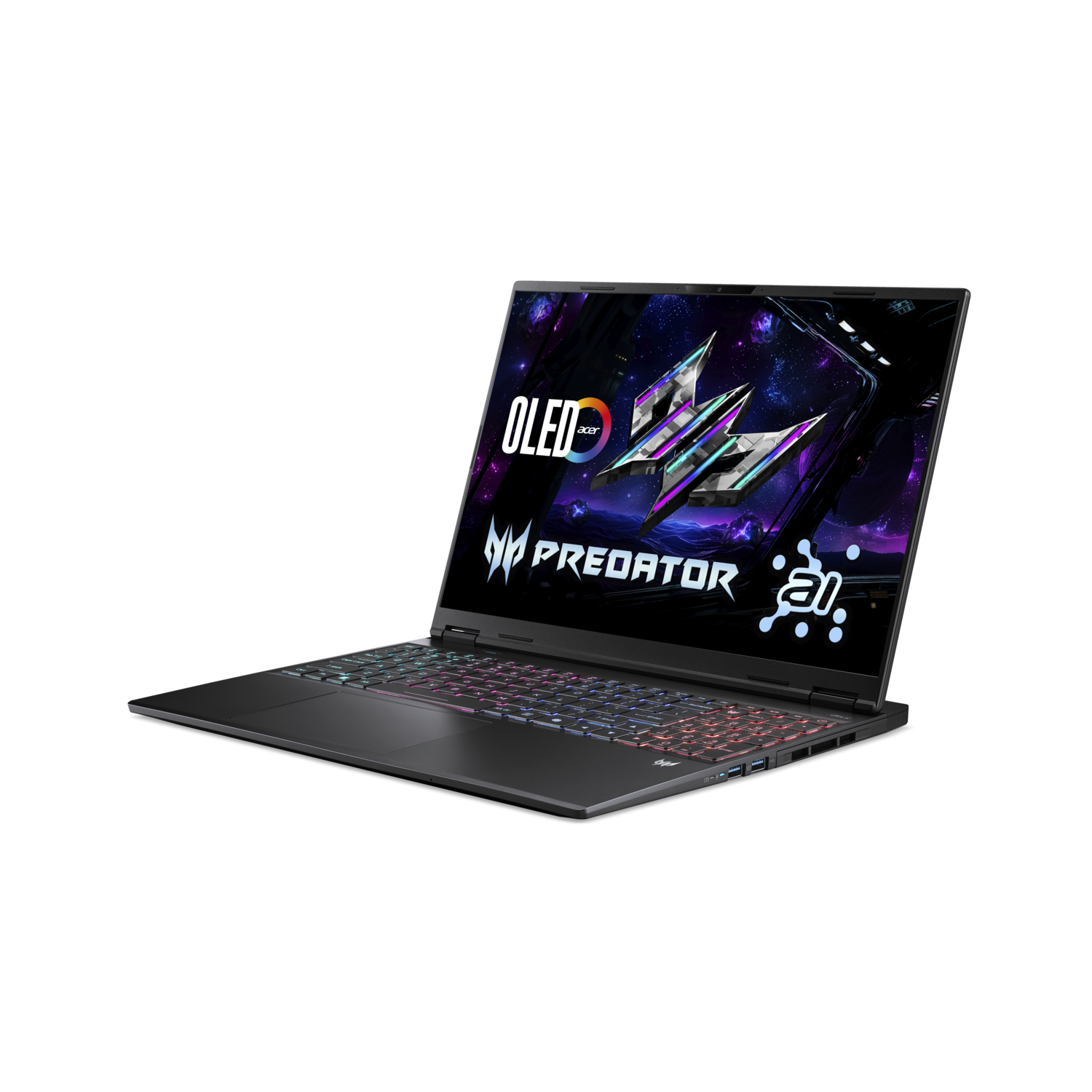 A black Predator gaming laptop is displayed. The screen shows the Predator logo with a space-themed background. Keyboard lights up in multiple colors.