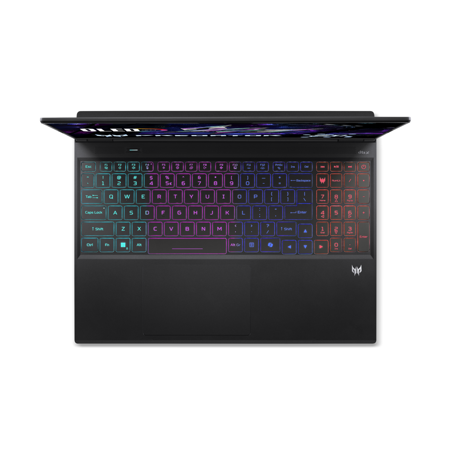 A black laptop with an illuminated keyboard is shown from above, with the screen open slightly. The keyboard has colorful lights.