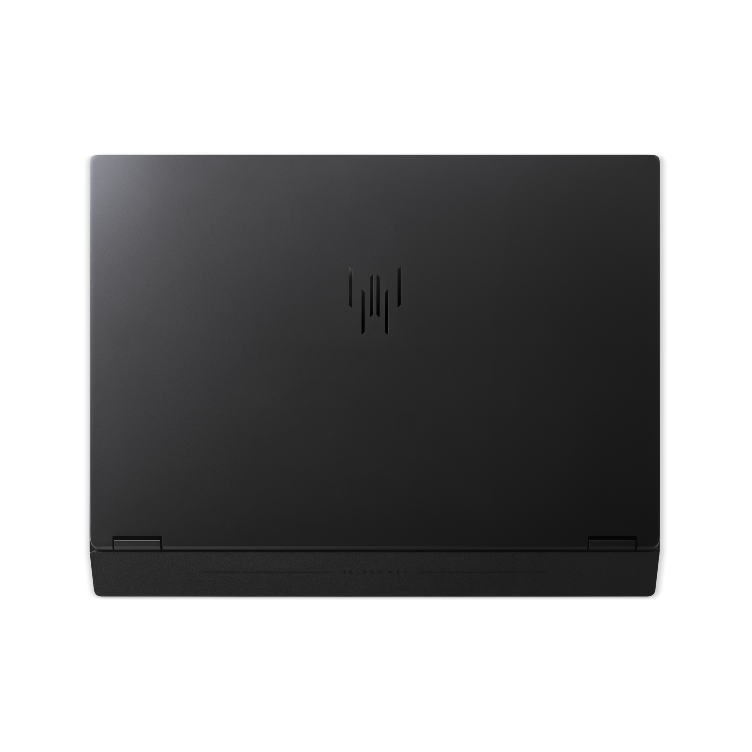 A top-down view of a black laptop on a black background. The laptop has the HP logo on the top cover.