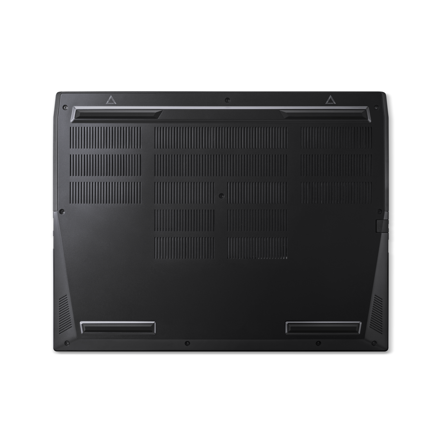 Black laptop bottom with vents and screws visible. Two triangle-shaped logos near the top, and two rectangular vents at the bottom.