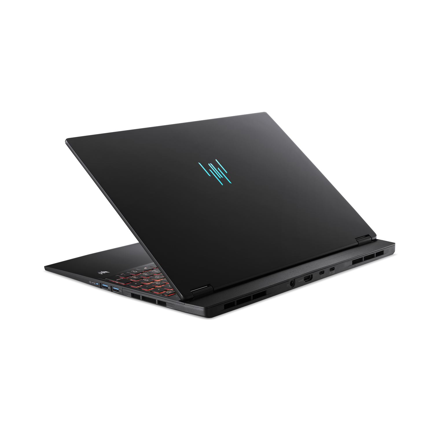 A black laptop is open, showing the keyboard and a blue logo on the lid against a black background.