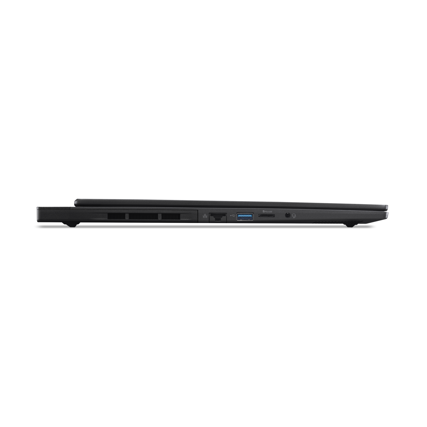 Side view of a black laptop, showing ports and slots against a black background. Visible ports include USB, audio, and SD card.
