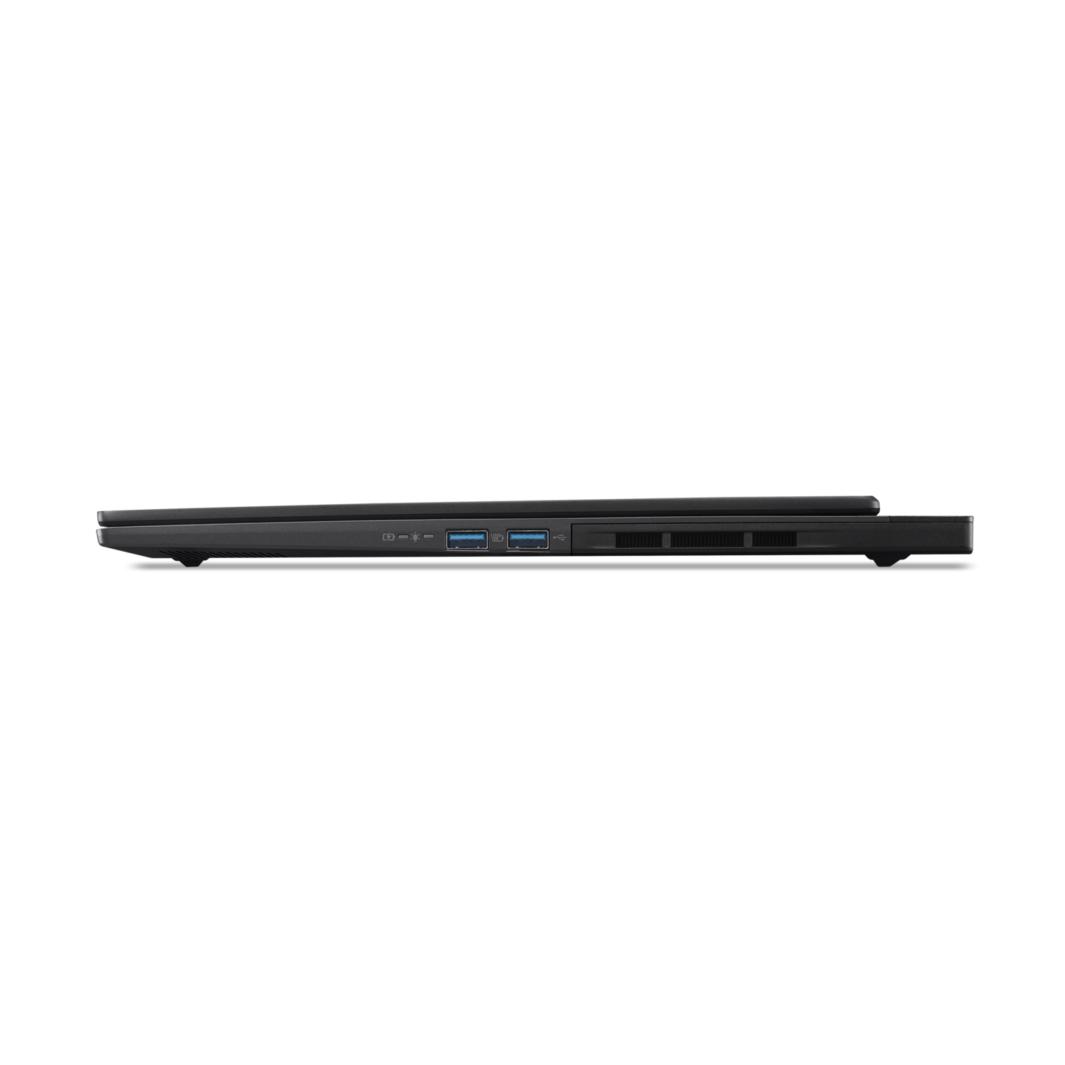Side view of a black laptop on a black background. Visible ports include USB, HDMI, and power.