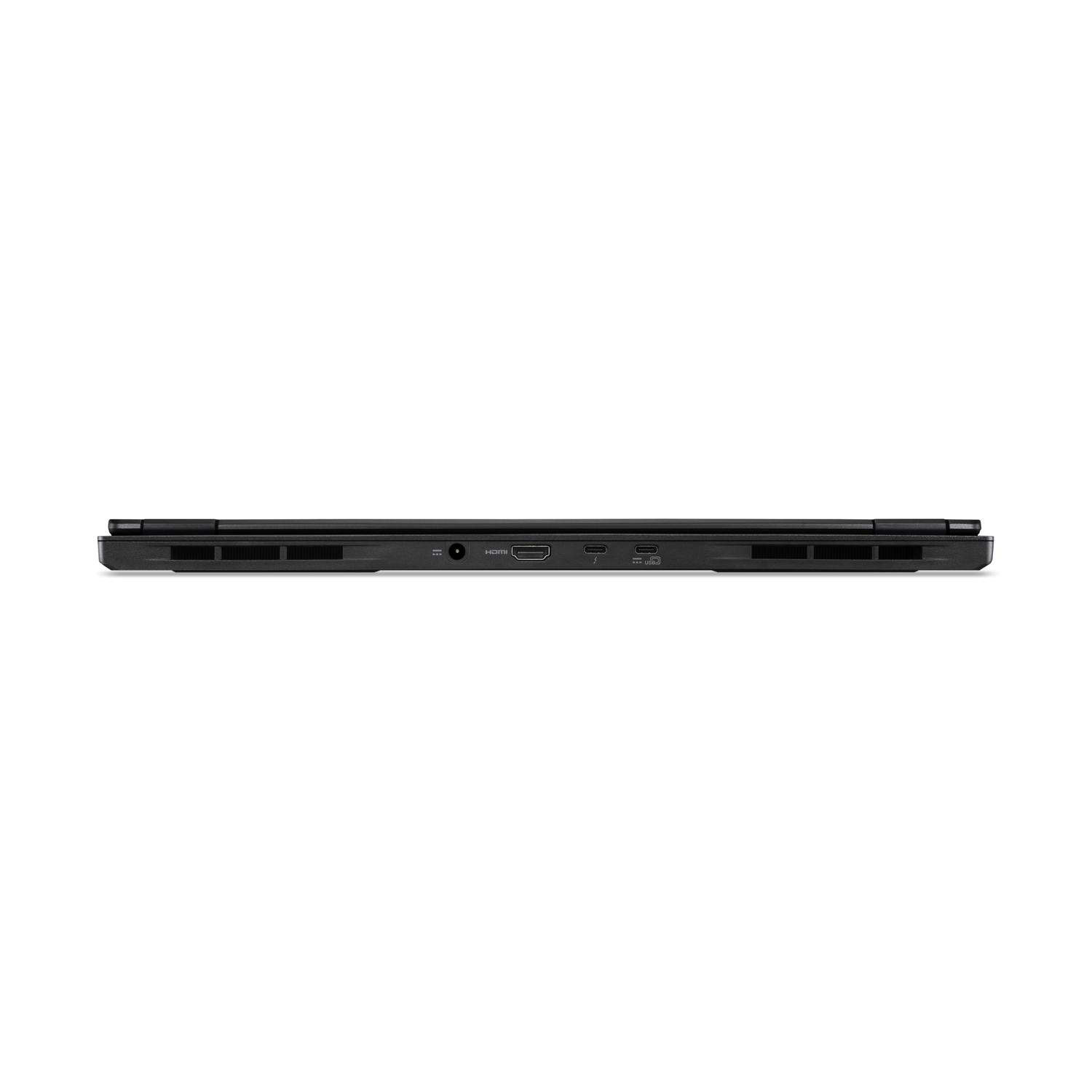 A black laptop, seen from the side. Ports are visible, including HDMI and USB. The background is black.