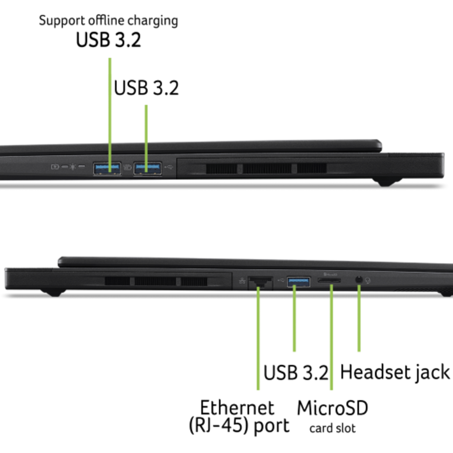 A black laptop's side profile shows various ports, including USB, SD card, and audio jack, against a black background.