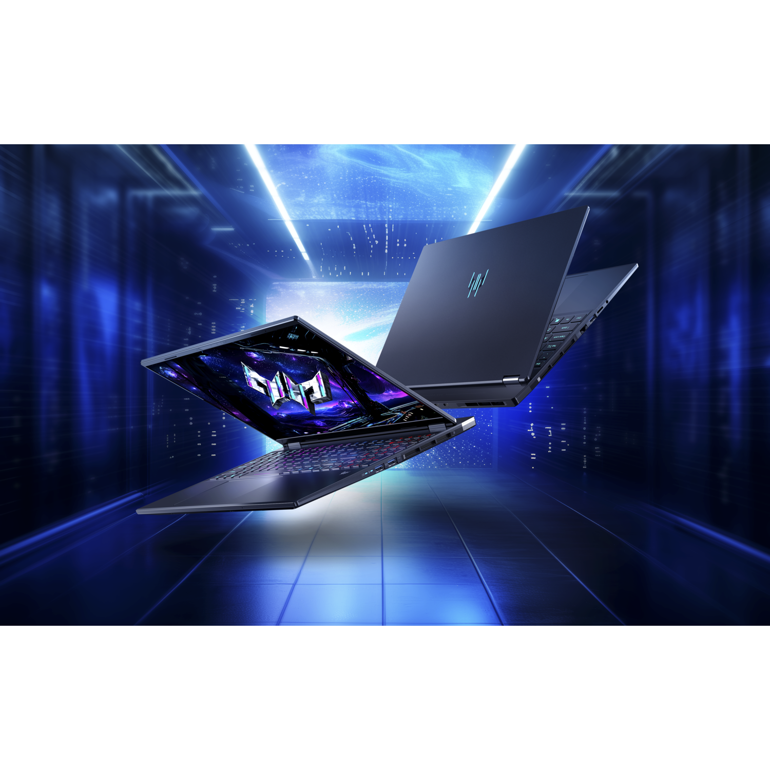 Three open gaming laptops hover against a futuristic blue background. The screens show vibrant graphics, with keyboards lit.