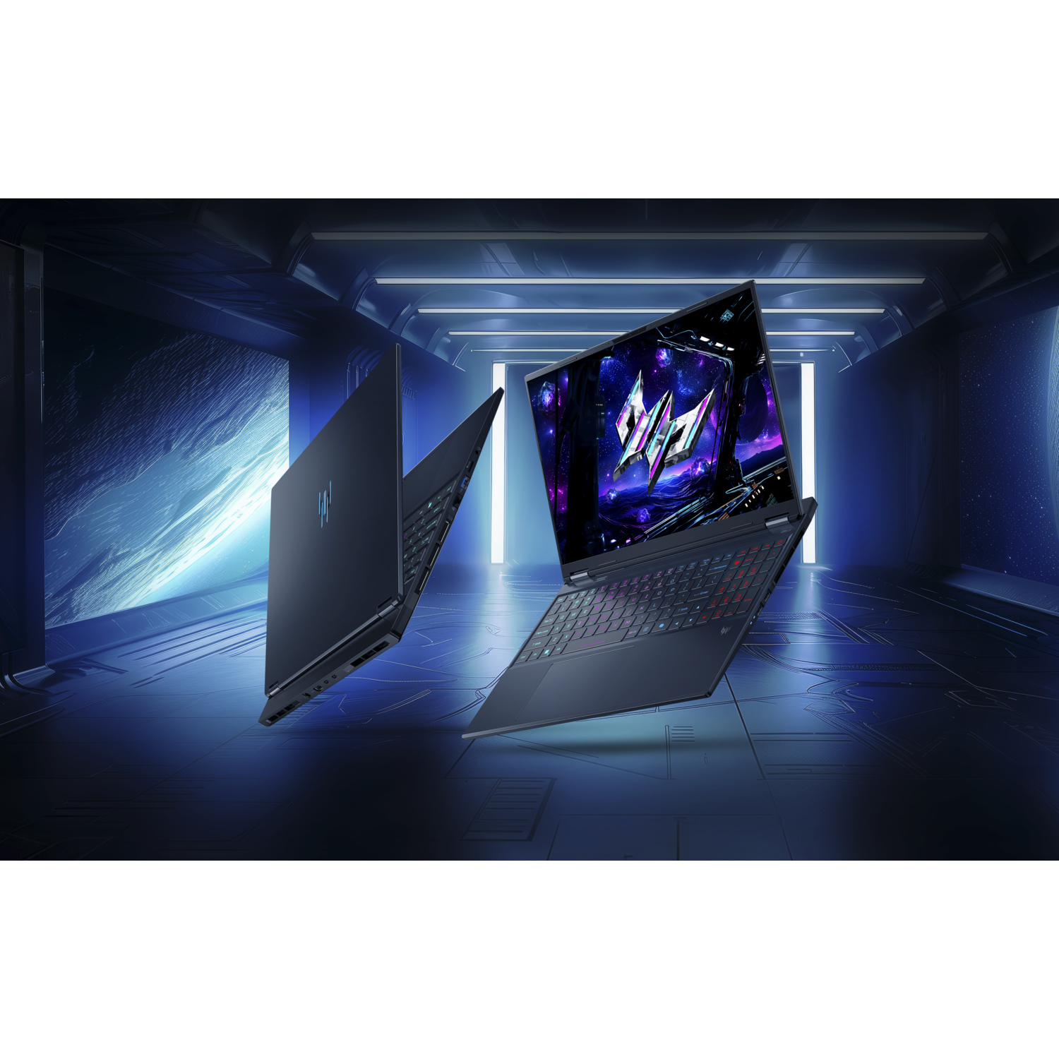 Two dark laptops, one open showing a logo, the other closed. They are in a futuristic blue lit room.
