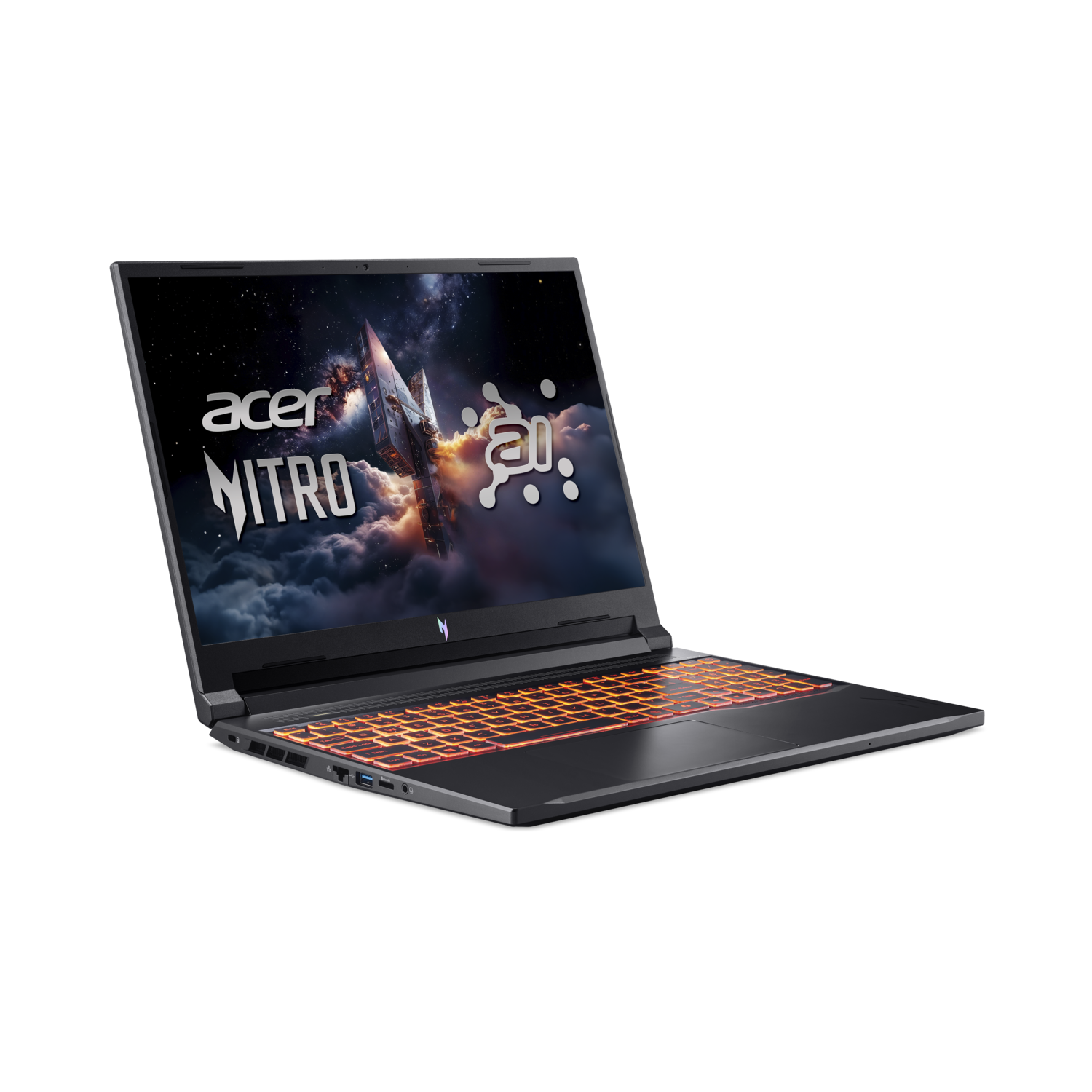 Zwarte Acer Nitro laptop schuin naar links. Scherm toont ruimteschip in de ruimte. Toetsenbord is oranje verlicht. Zwarte achtergrond.