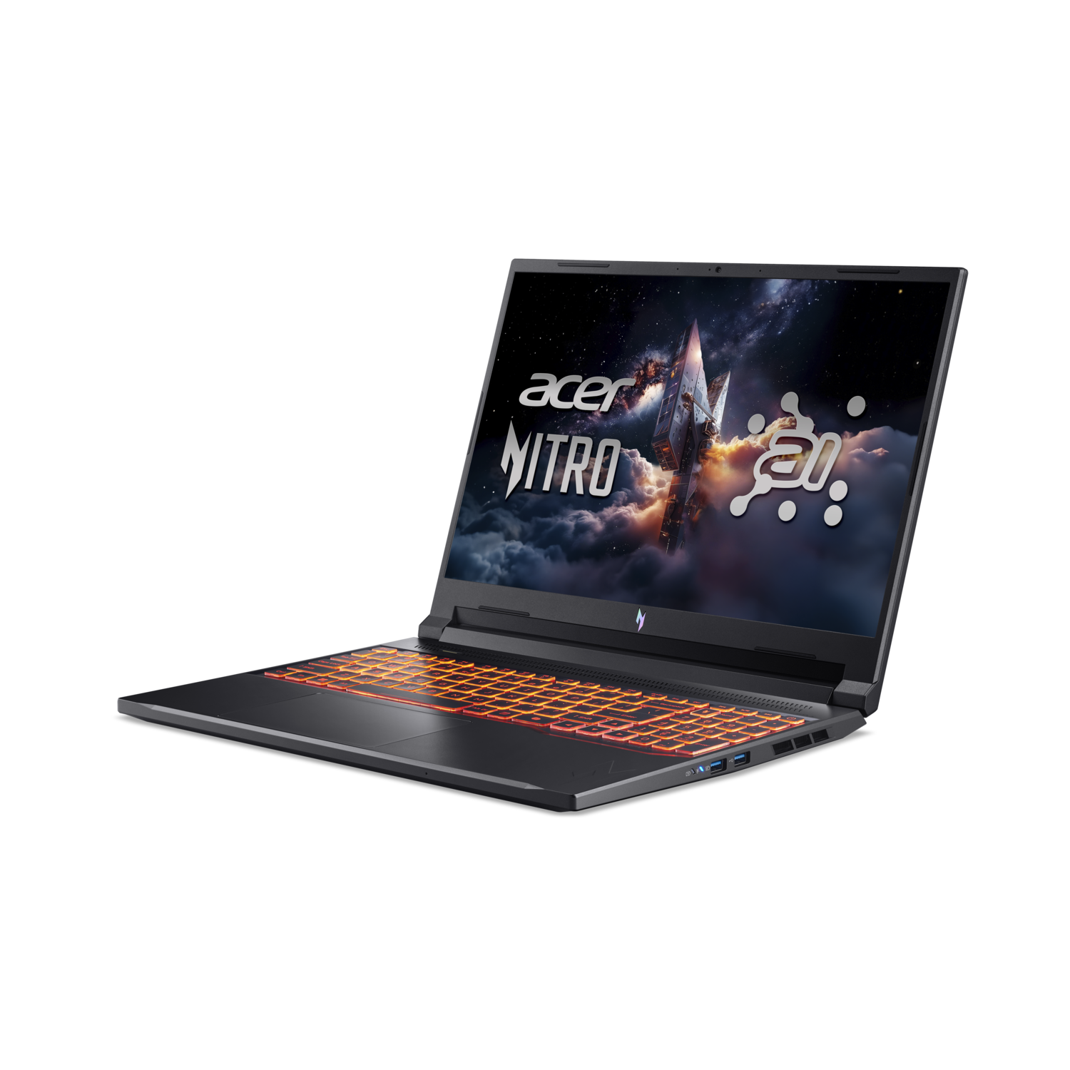 Een Acer Nitro laptop op een zwarte achtergrond. Het toetsenbord gloeit oranje. Het scherm toont een ruimtescène met het Nitro-logo.