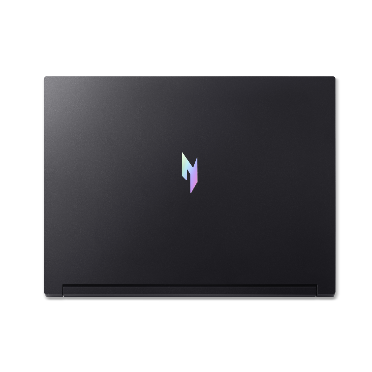Een gesloten zwarte laptop, met een kleurrijk logo op de klep, tegen een zwarte achtergrond.