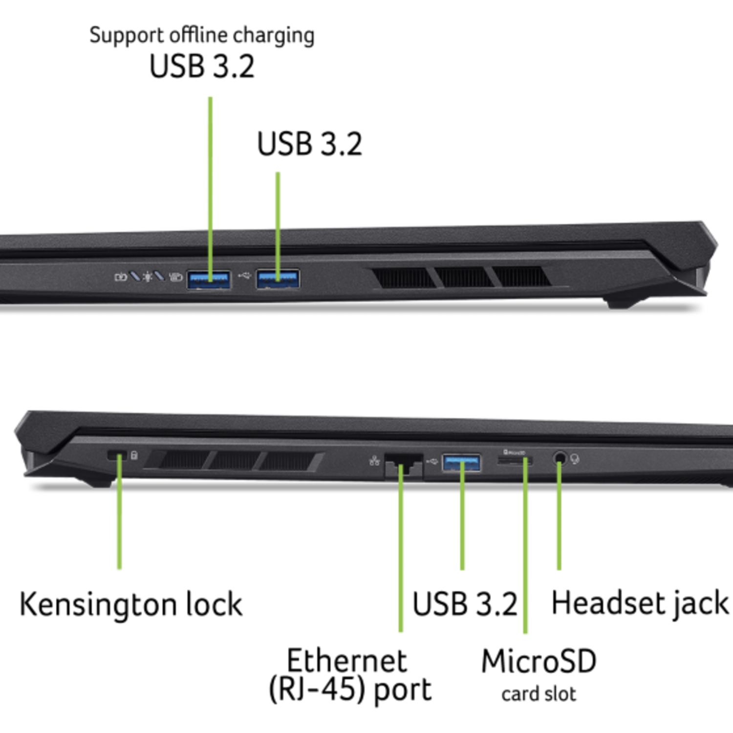 Close-up van de zijkant van een laptop. Zichtbare poorten zijn USB, Ethernet en audio-aansluitingen. De laptop is zwart, met een ventilatieopening en slot.