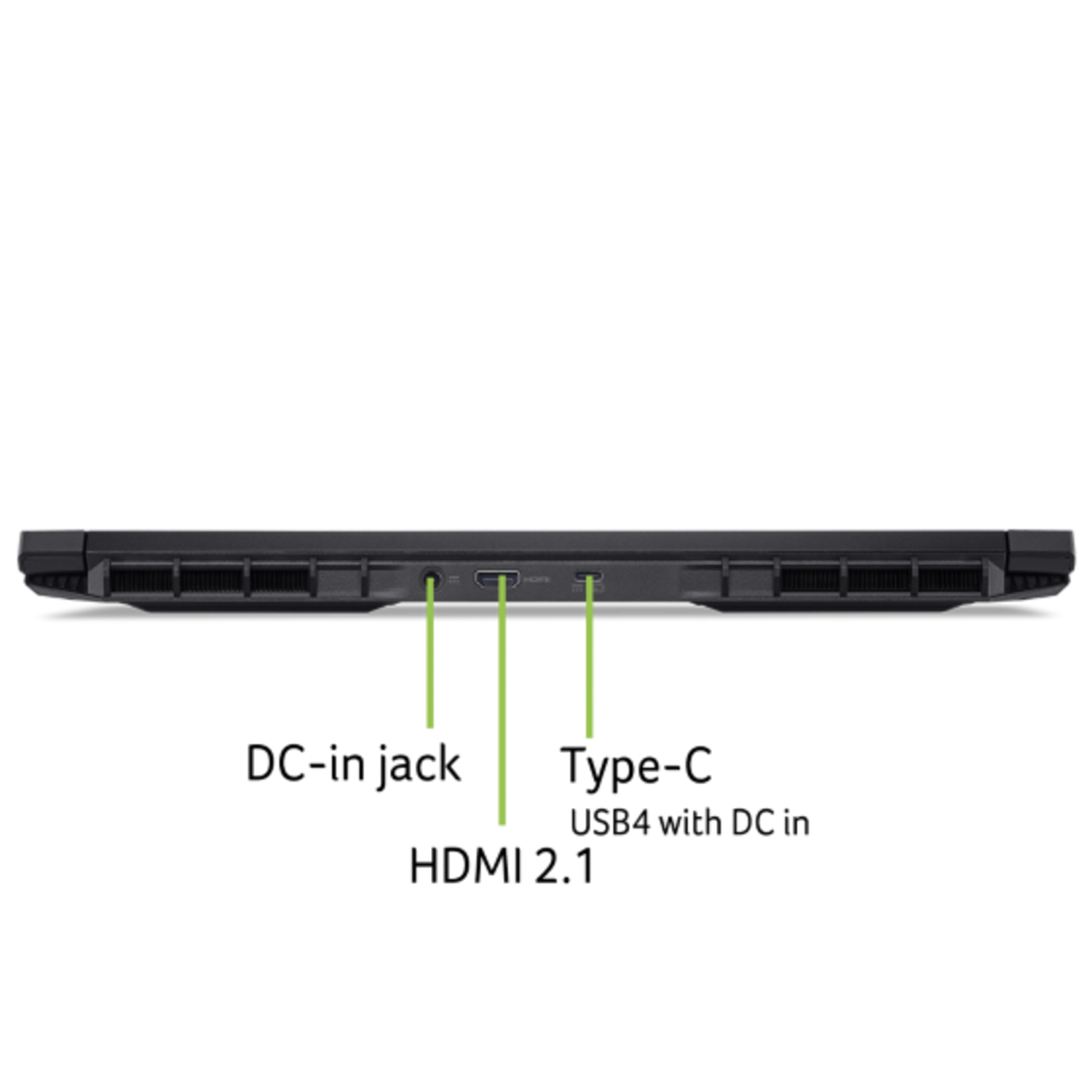 Zijprofiel van een zwarte laptop met poorten. Zichtbare poorten zijn HDMI en USB-C. Koelopeningen zijn aanwezig.