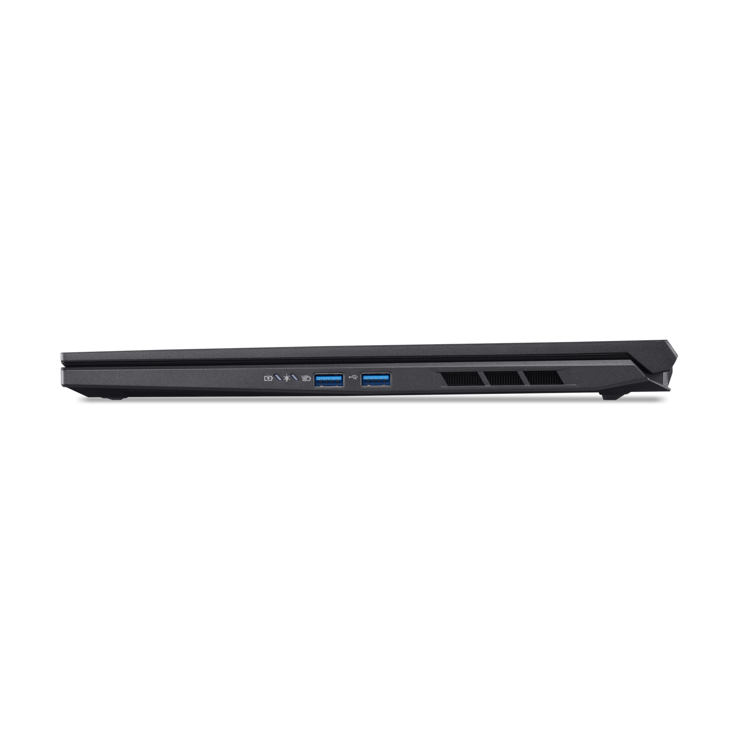 Zijaanzicht van een donkergrijze laptop met poorten en ventilatieopeningen zichtbaar tegen een zwarte achtergrond. USB-poorten en ventilatie.