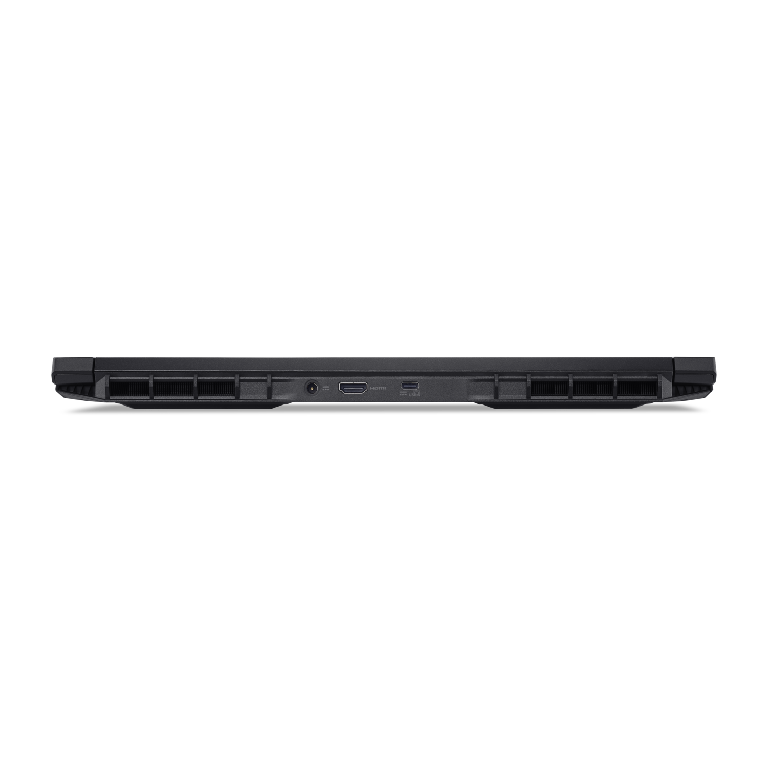 Zijaanzicht van een zwarte laptop tegen een zwarte achtergrond. Zichtbare poorten zijn USB, HDMI en stroomingang, samen met ventilatieopeningen.