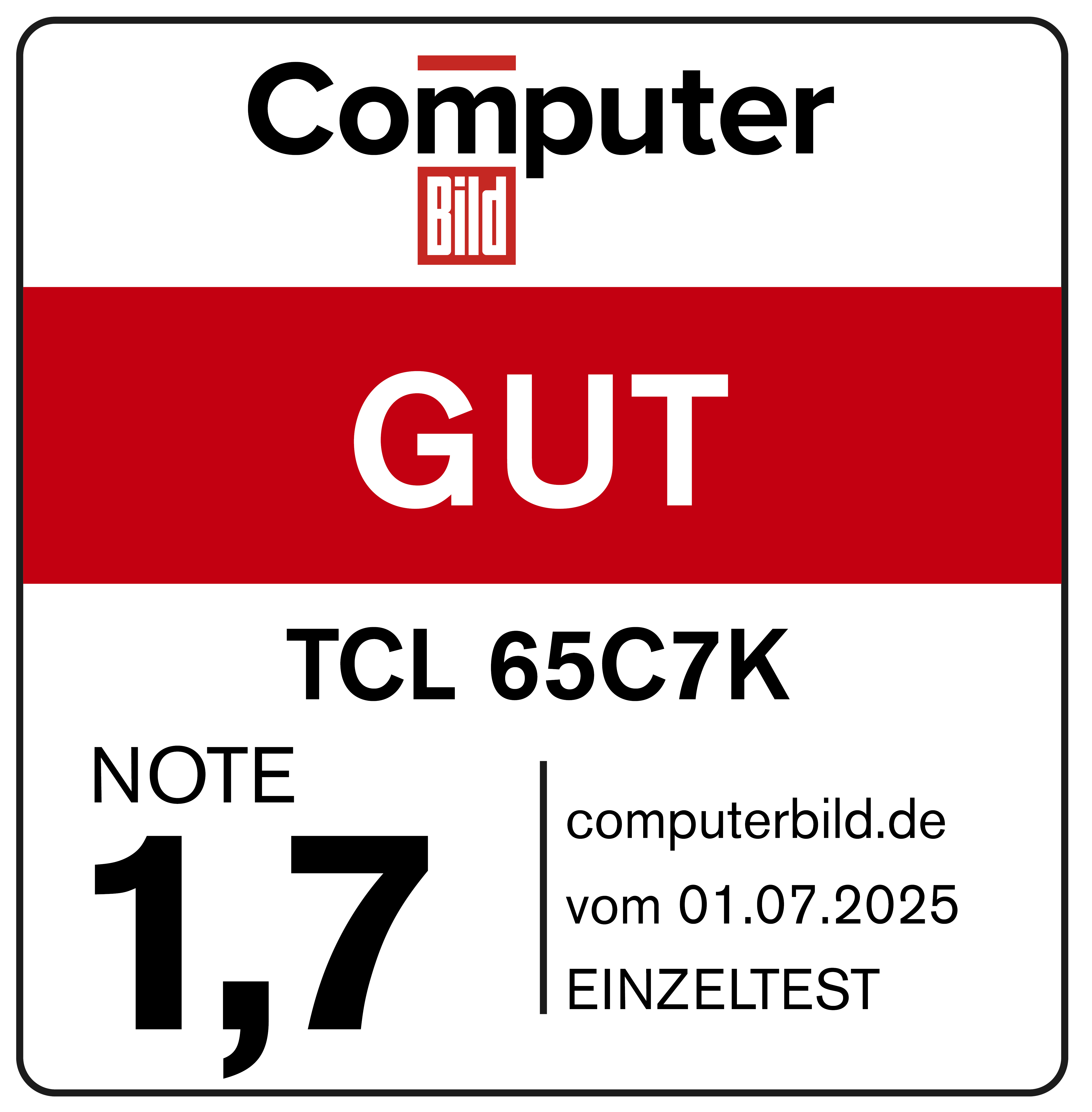 Computer Bild Bewertung eines TCL 65C7K TVs. Bewertung 1,7 und das Wort GUT. Datum: 01.07.2025.
