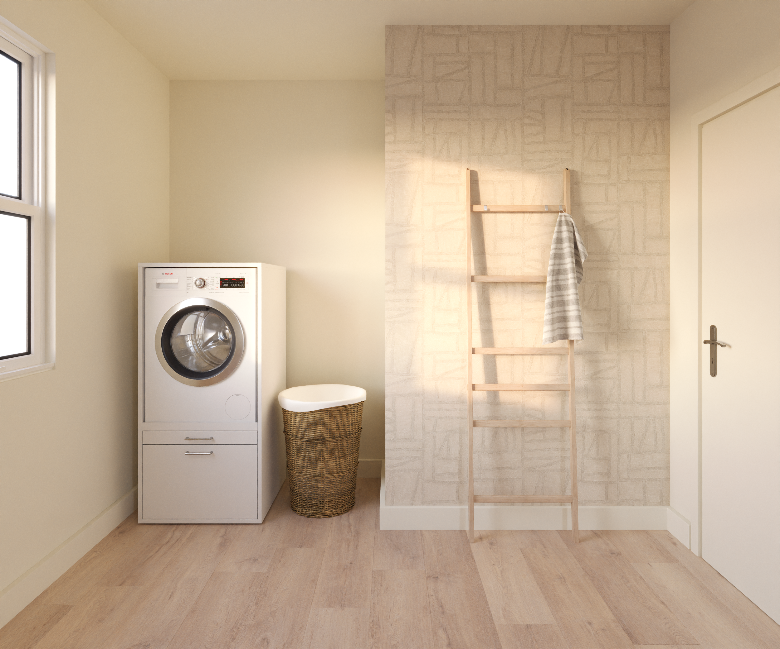 Ein Waschraum mit Waschmaschine, Wäschekorb, Holzleiter mit Handtuch und Tür. Hellbeige Wände und Holzboden.