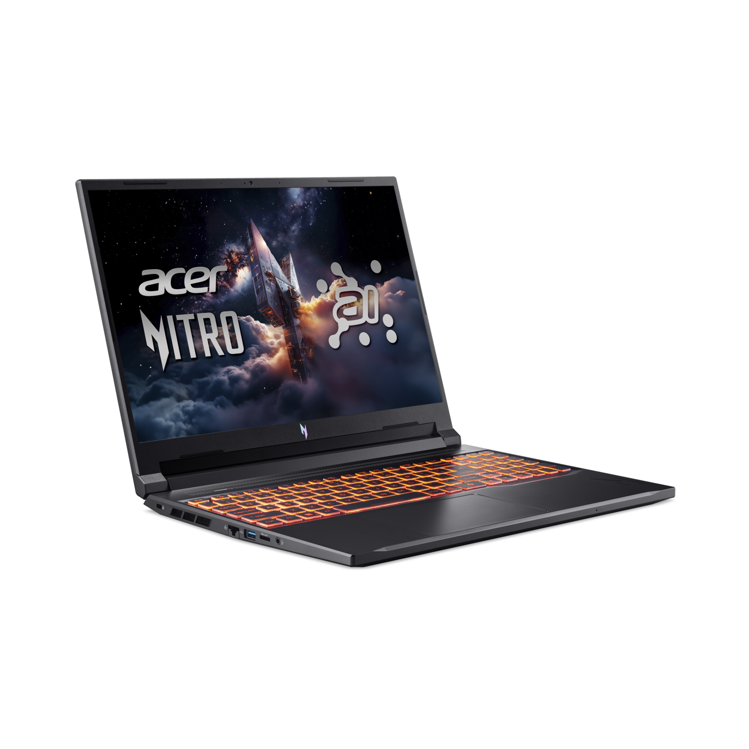 Acer Nitro laptop on black background. Screen shows a spaceship. Keyboard has orange backlighting. Black laptop.