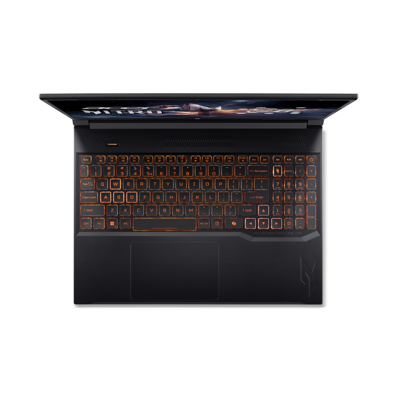 Overhead view of a black laptop with orange backlit keyboard. The screen is open, displaying a colorful graphic. Black background.