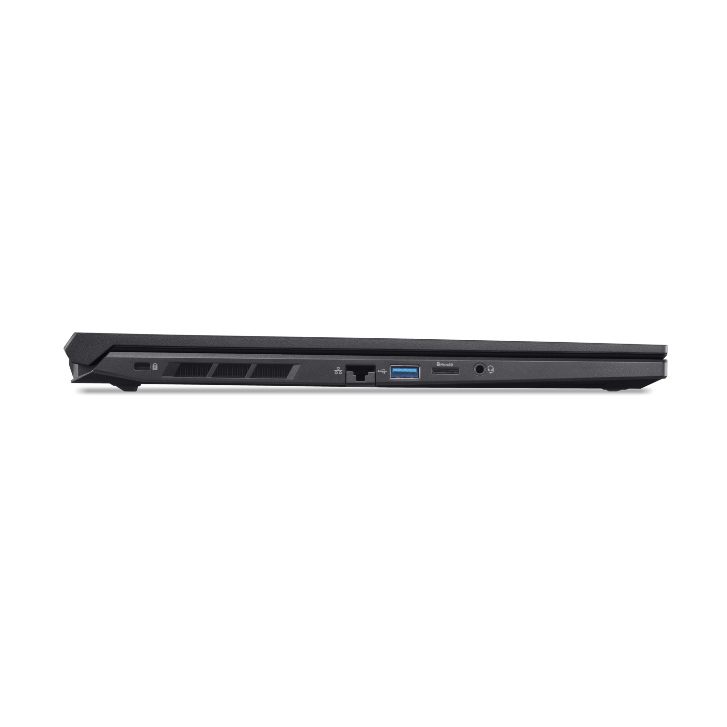 Side view of a black laptop, showing ports, vents, and a security lock symbol, set against a black background.