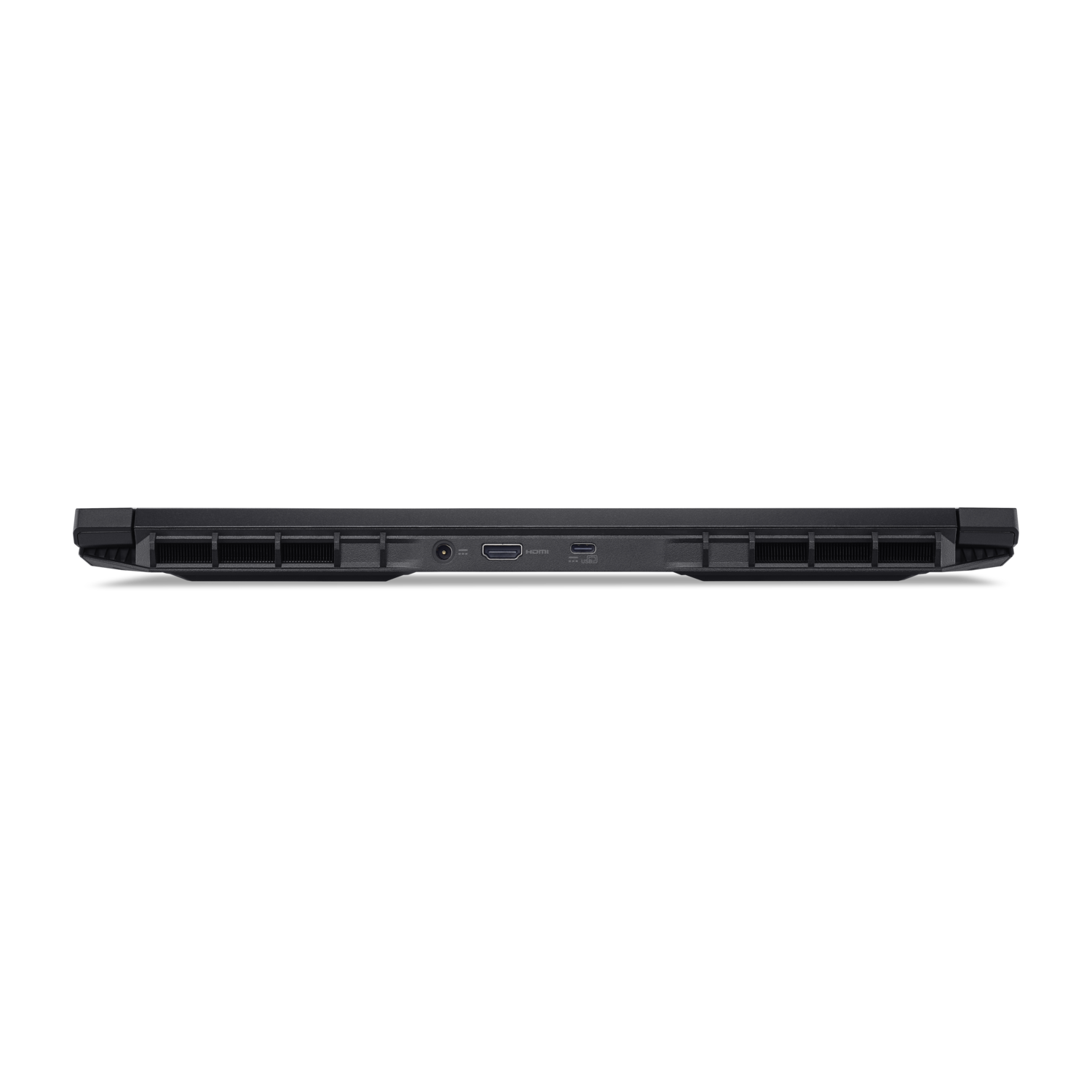 A black laptop's side profile is shown against a black background. Visible are ports, vents, and the laptop's edge.