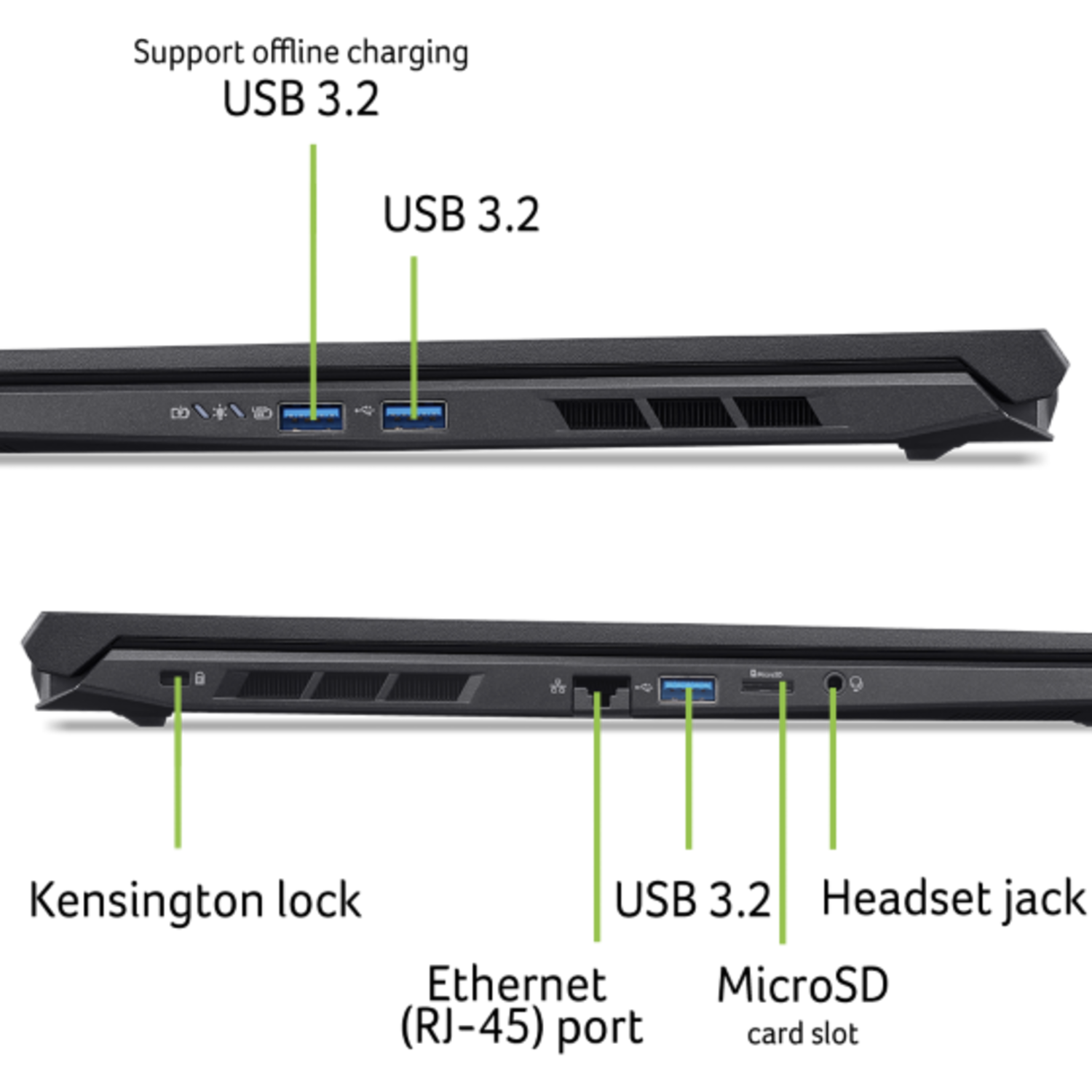 Close-up of a black laptop side, showing ports: USB, charging, audio jack, and Ethernet. Green lines point to each port.