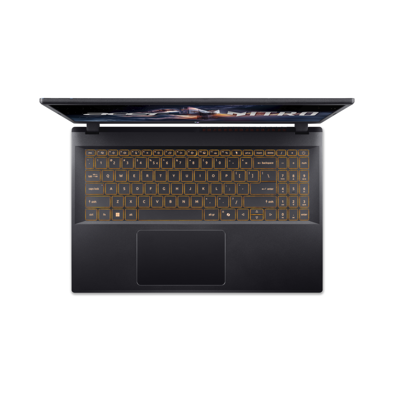 Black laptop with orange backlit keyboard, open on a black background. Screen displays a futuristic image.