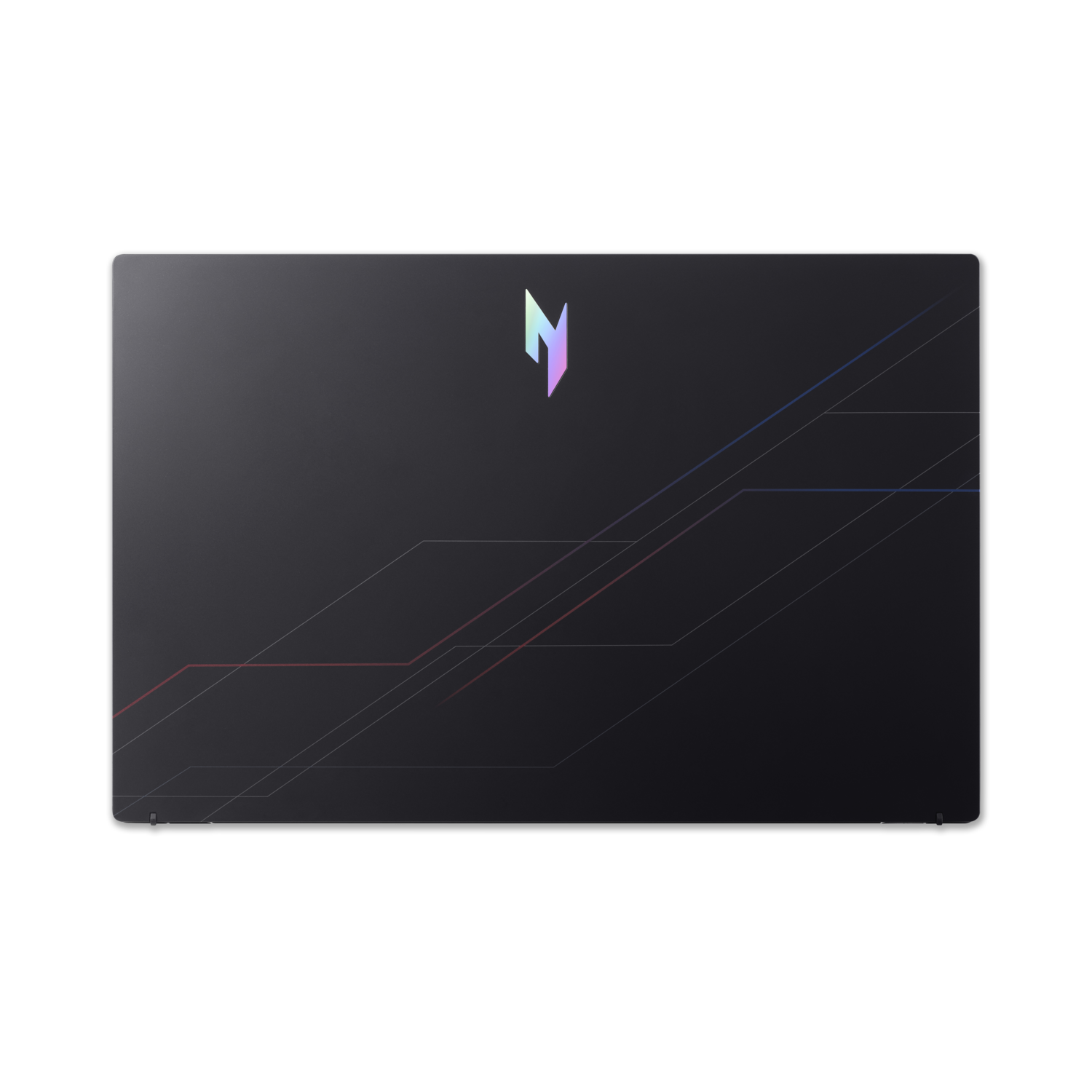Dark gray laptop lid with a colorful logo. Lines and patterns across the lid. Black background.