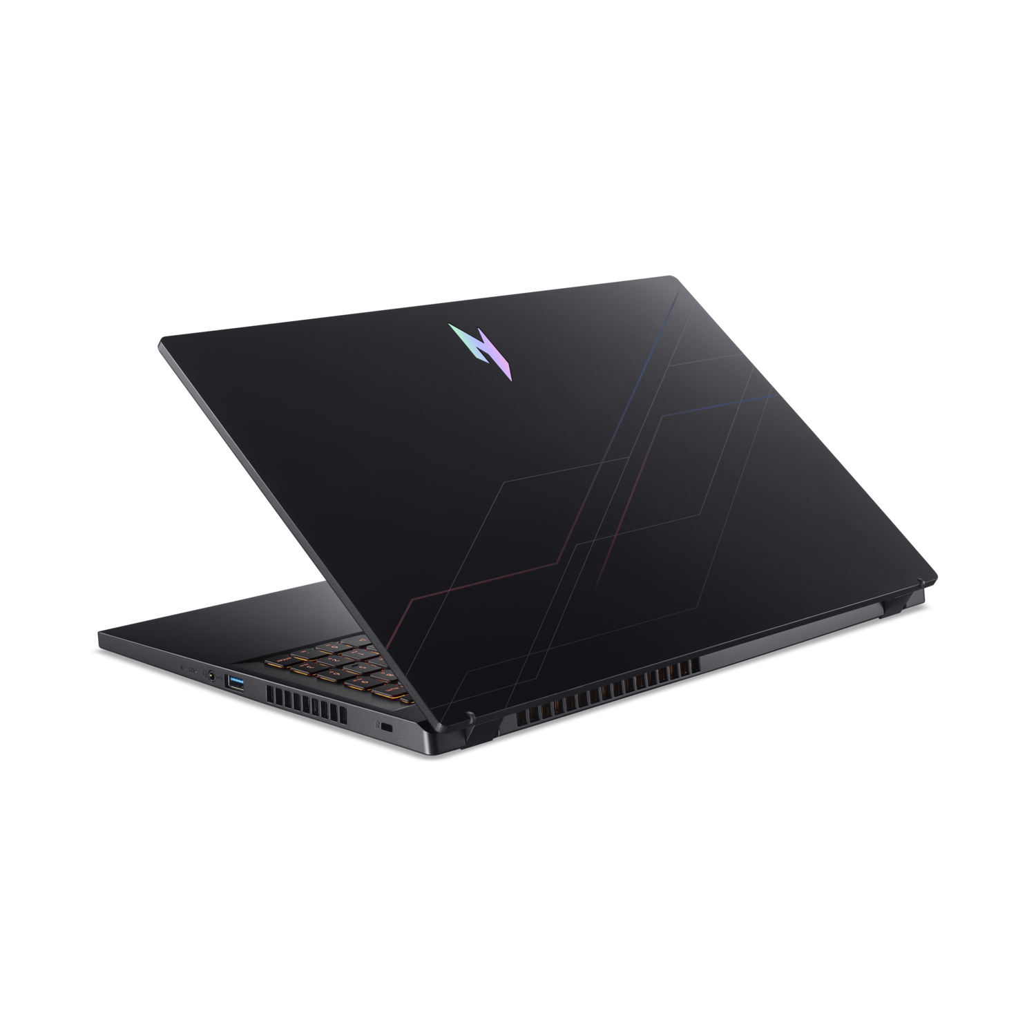 Black laptop, partially open, on black background. The back has colorful logo and geometric lines. Keyboard is visible.