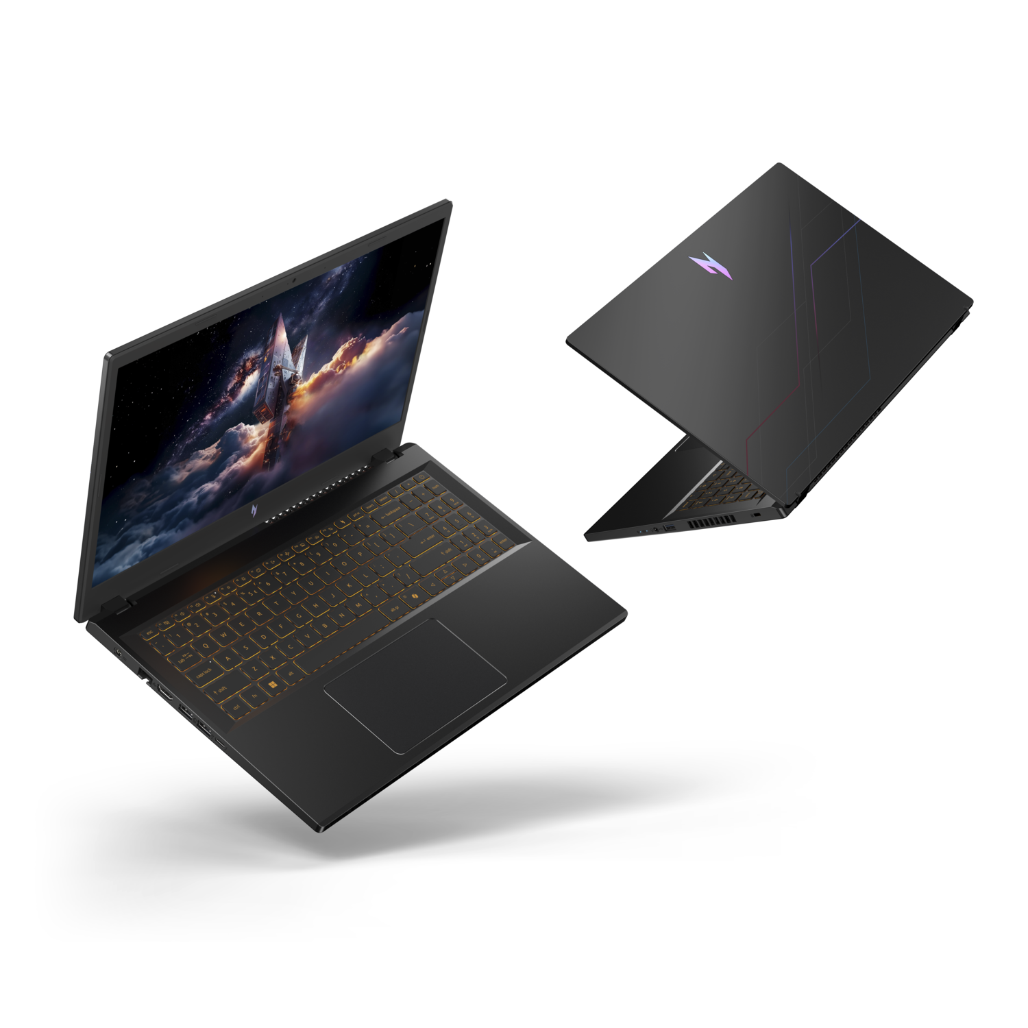 Two black laptops, one open showing a space scene, the other closed with a logo and lines, both floating on a white background.