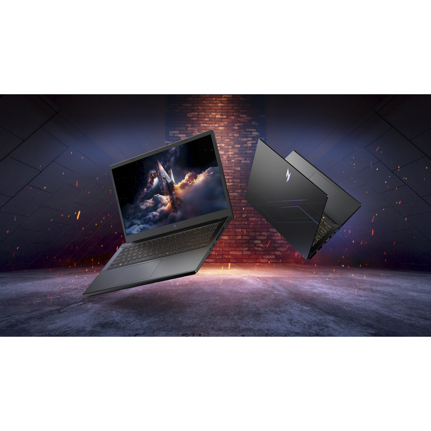 Two dark laptops floating in a stylized setting. One open, showing a cloudy sky image, the other closed, featuring a logo.