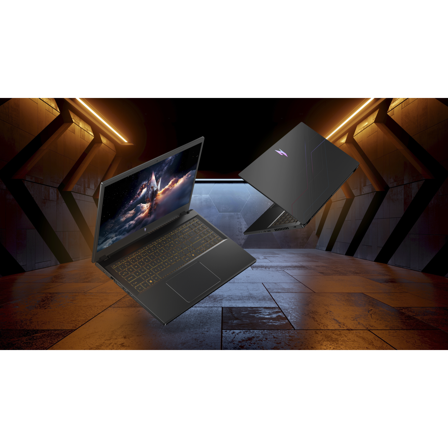 Two black laptops levitating in a futuristic corridor. One open, showing a space scene, the other closed. Orange and black color scheme.