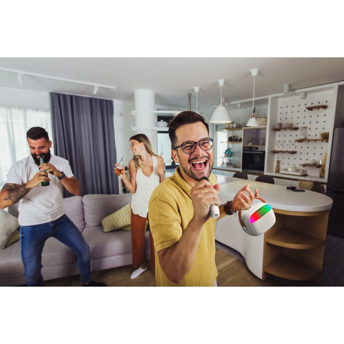 Drei Personen feiern. Ein Mann singt in ein Mikrofon, zwei andere halten Getränke. Es gibt ein Sofa, eine Küche und eine Soundmaschine.