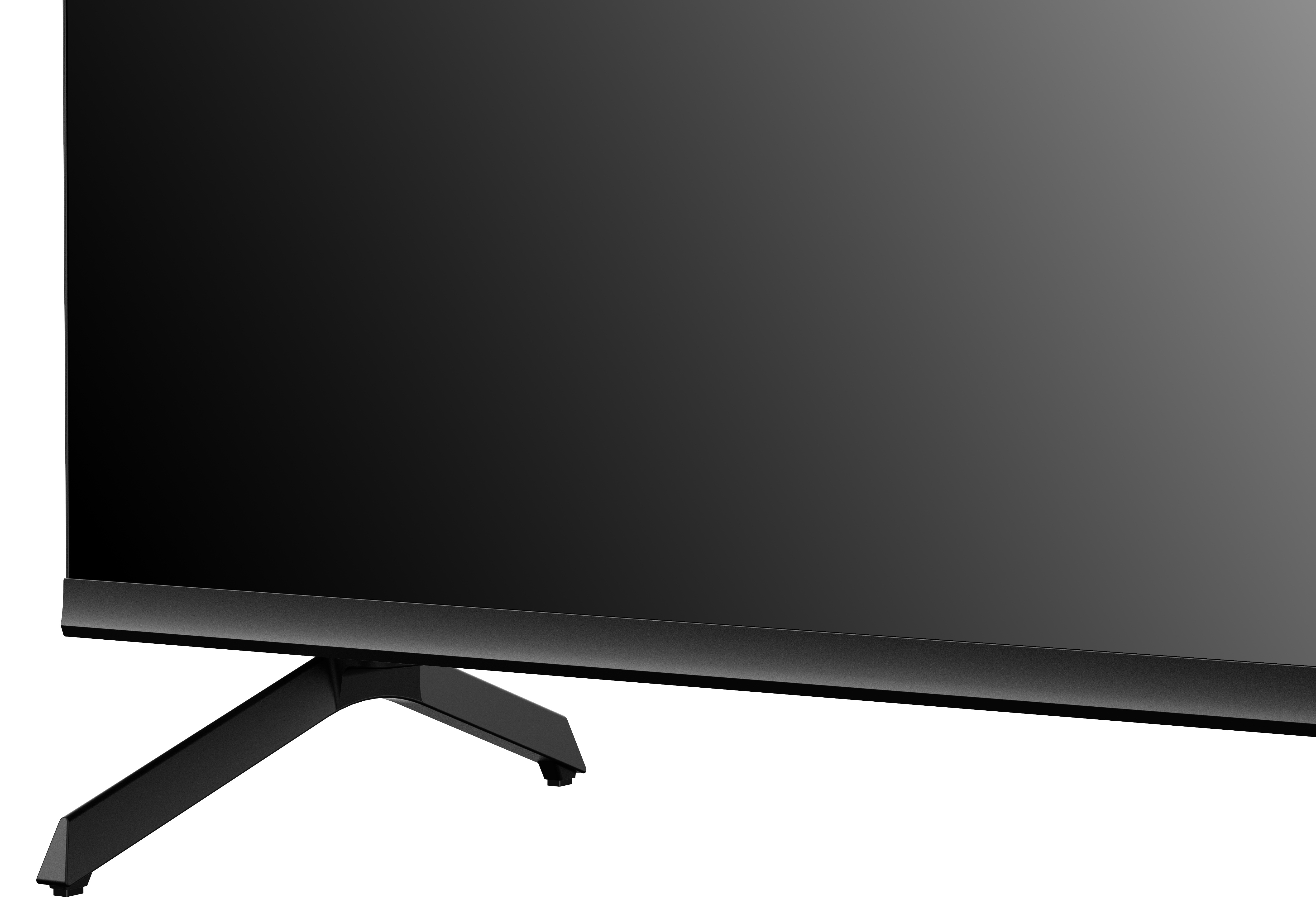 Czarny ekran telewizora z czarną podstawą. Podstawa ma unikalny, kątowy design.