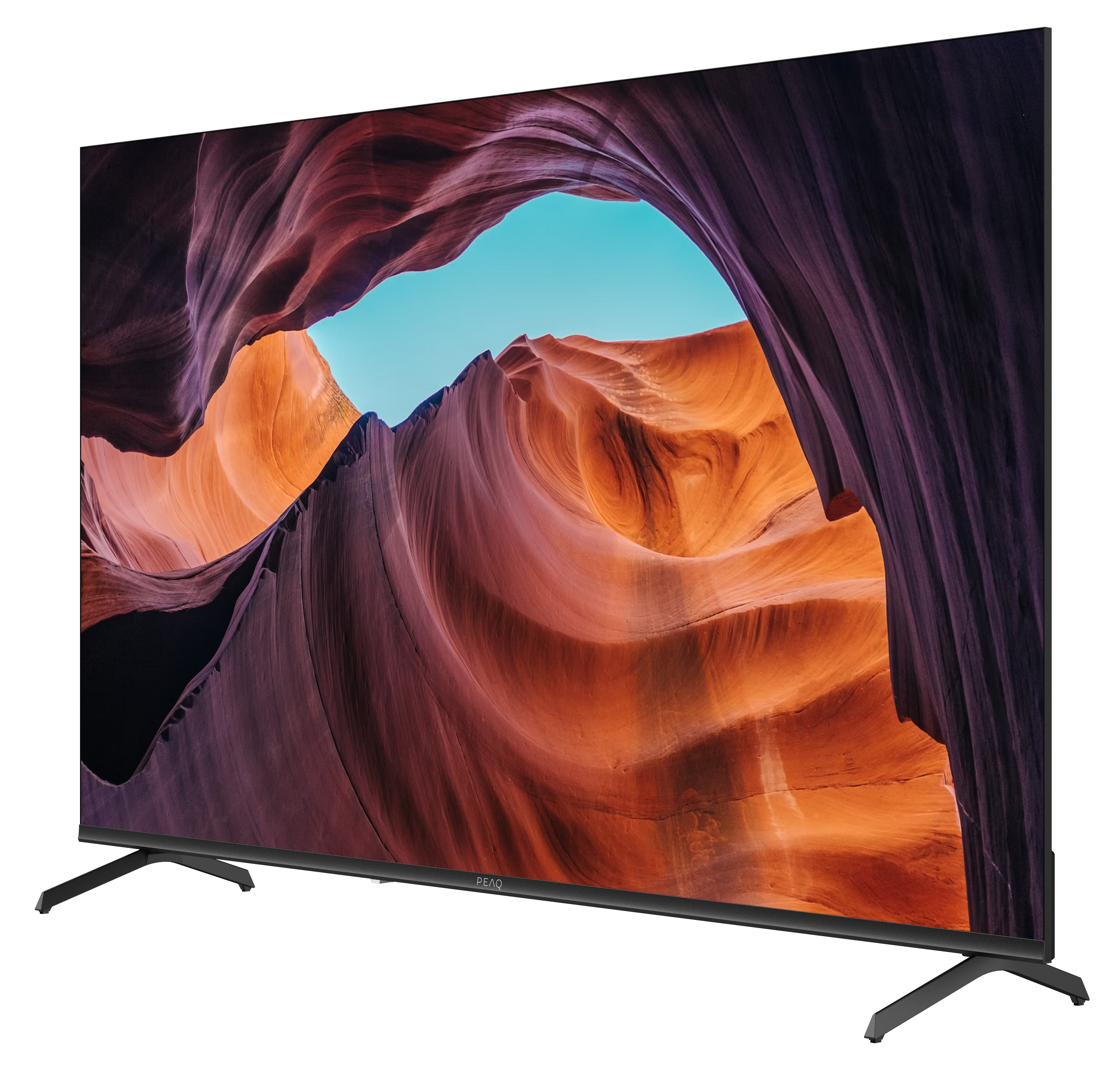 Telewizor wyświetla kanion. Ściany kanionu są pomarańczowe i fioletowe. Niebo jest jasnoniebieskie. Telewizor ma czarne nogi.