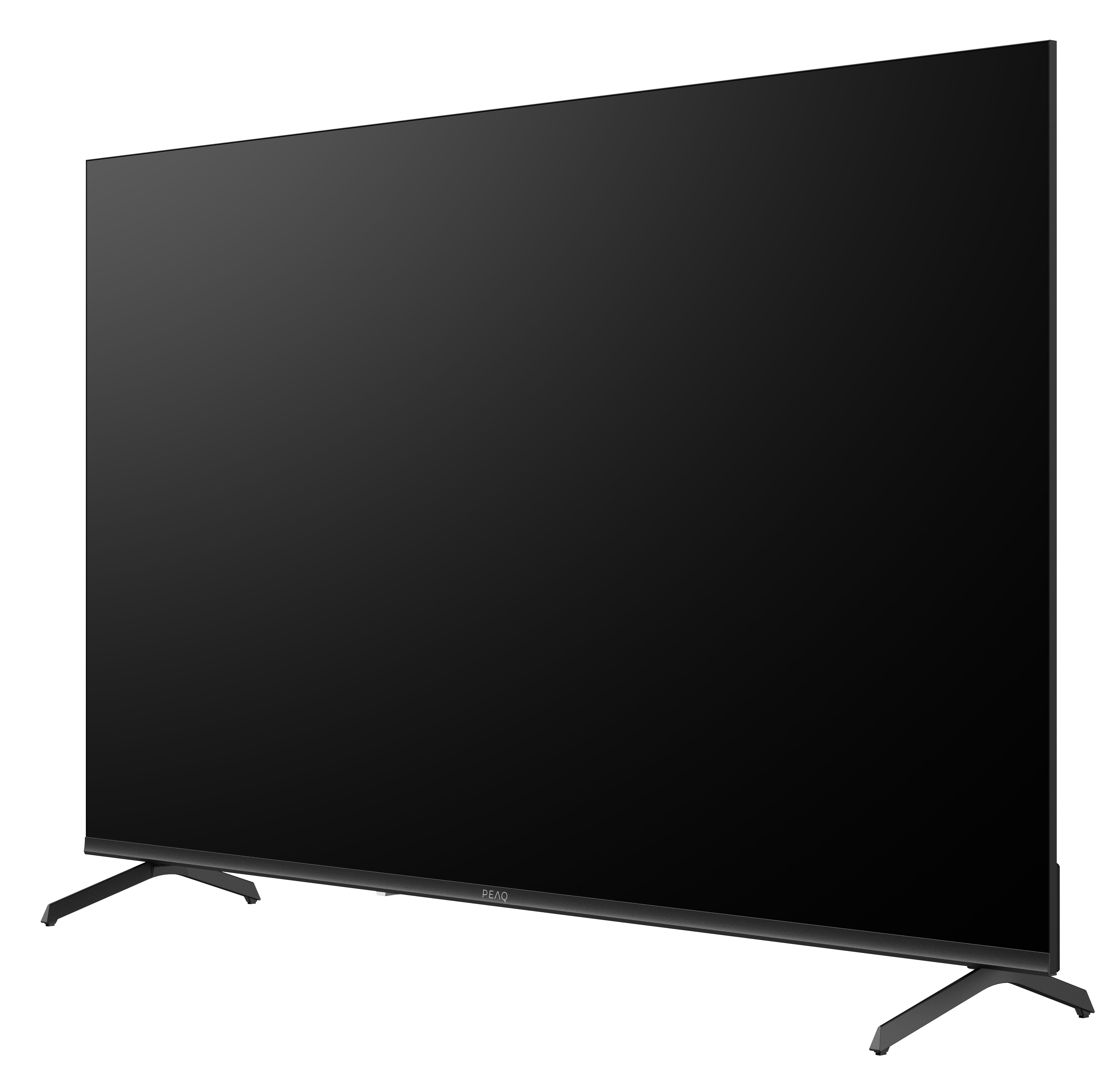 Duży, czarny telewizor z płaskim ekranem stoi na dwóch czarnych nóżkach, widoczna marka PEAQ.