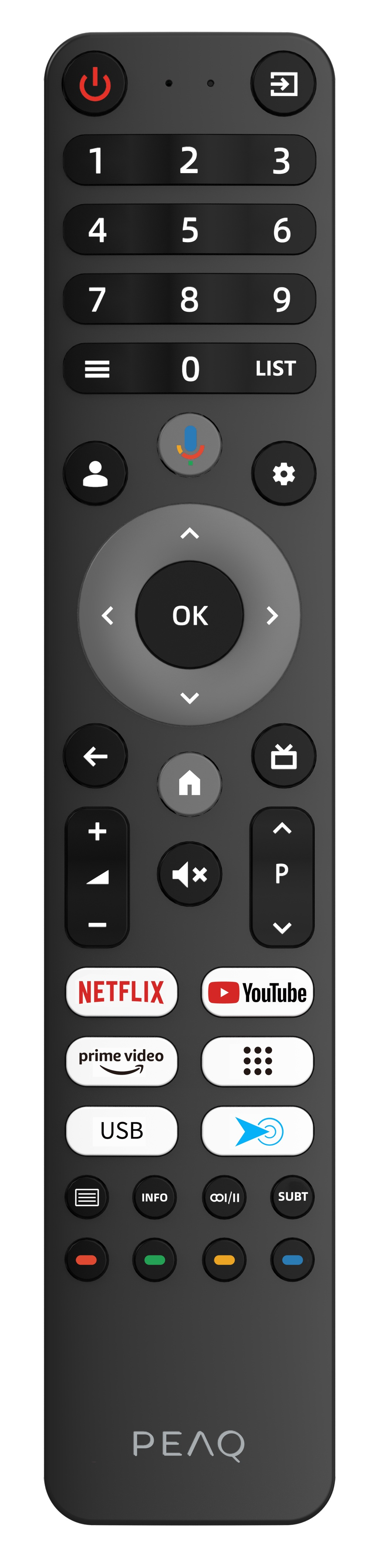 Czarny pilot z przyciskami, w tym zasilanie, numery, głośność, kanał, Netflix, YouTube i OK.