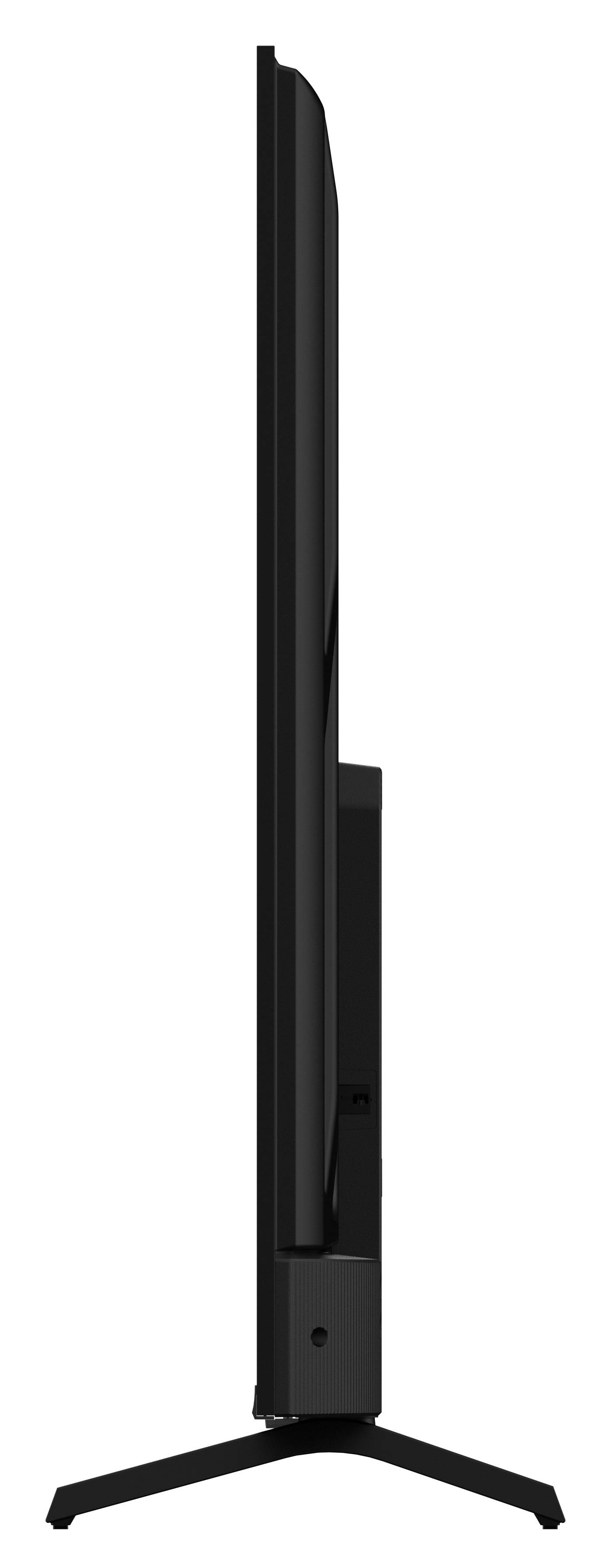 Czarny telewizor z boku na białym tle. Telewizor ma stojak i jest w orientacji pionowej.
