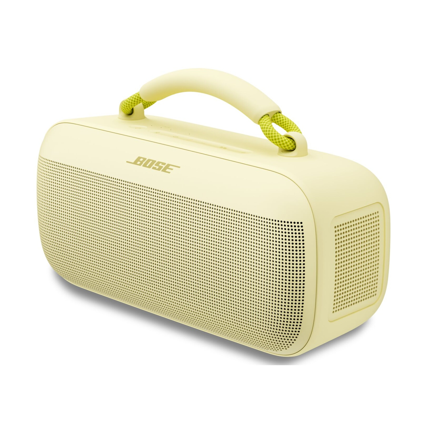 Un altoparlante portatile Bose giallo con maniglia. La maniglia ha un dettaglio in corda verde. L'altoparlante è su sfondo bianco.
