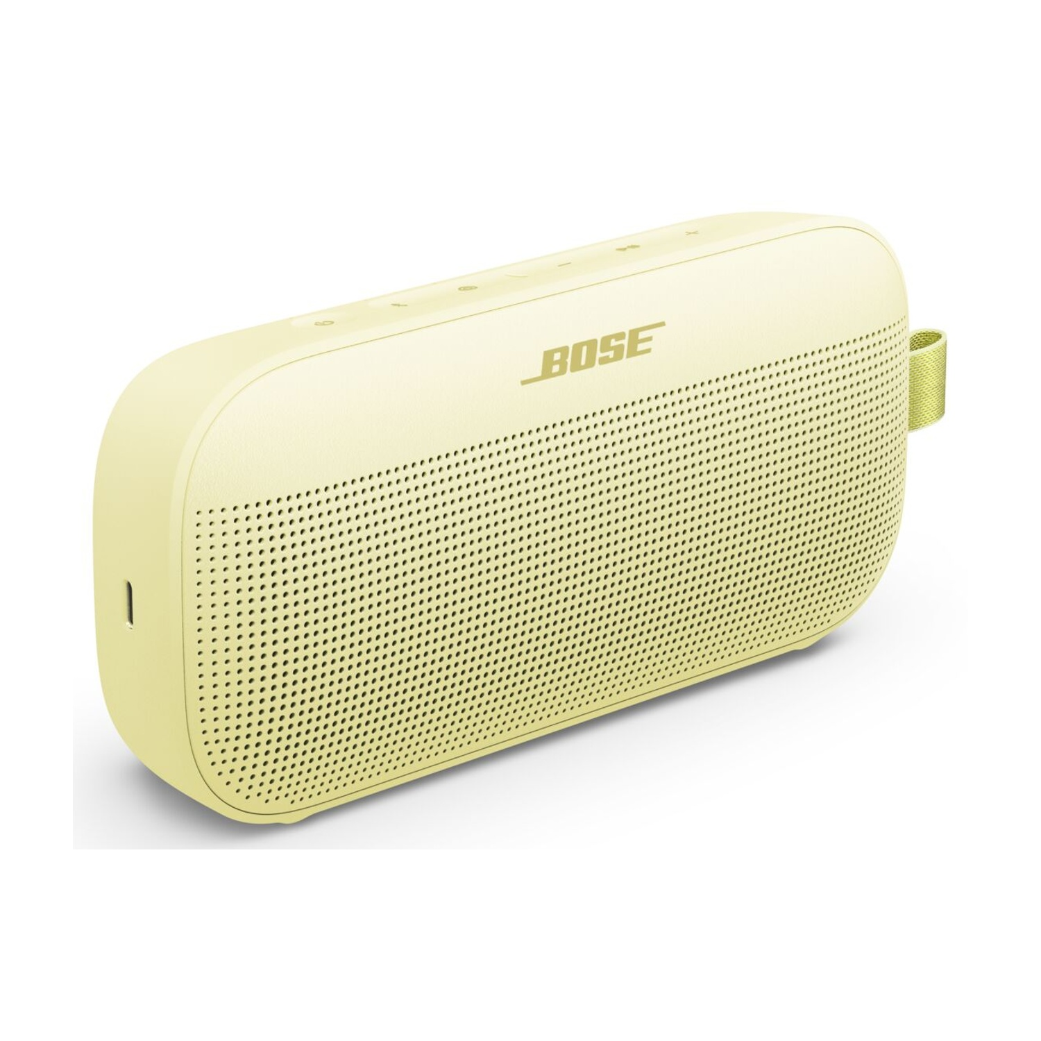 Un altoparlante Bose giallo su sfondo bianco. Ha un frontale perforato, un'impugnatura e il logo Bose.
